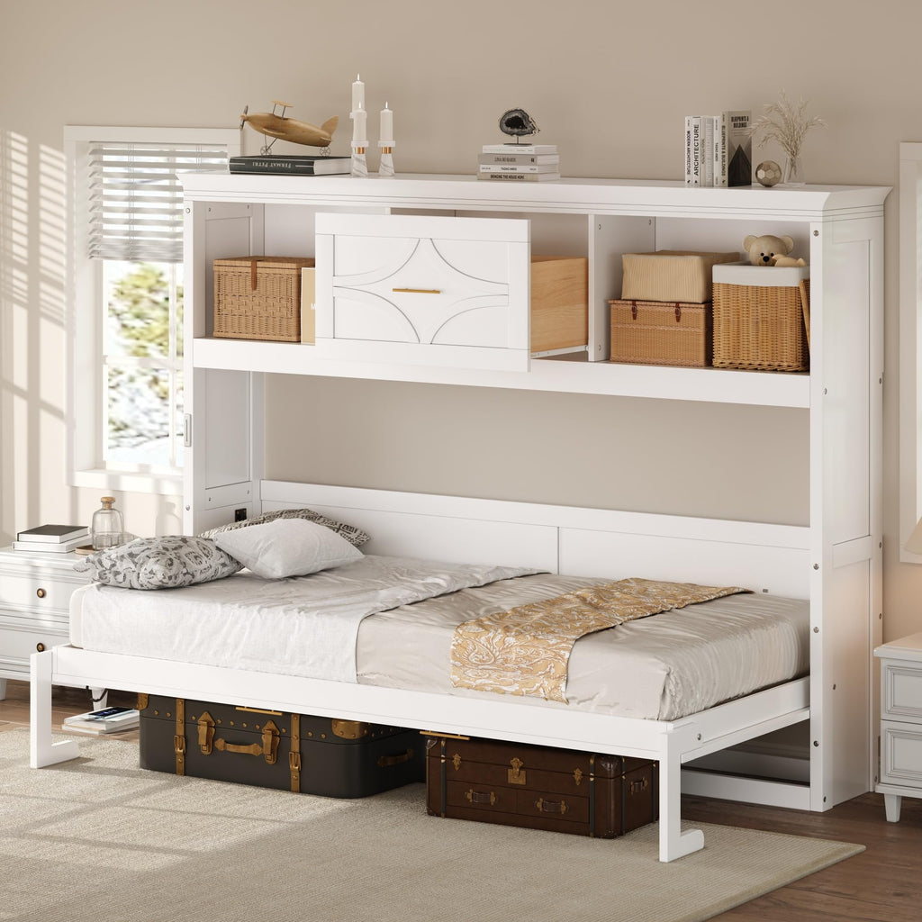 Twin Size Murphy Bed, Wood Murphy Bed Wall Bed with Charging Station, Shelves and a Drawer, White