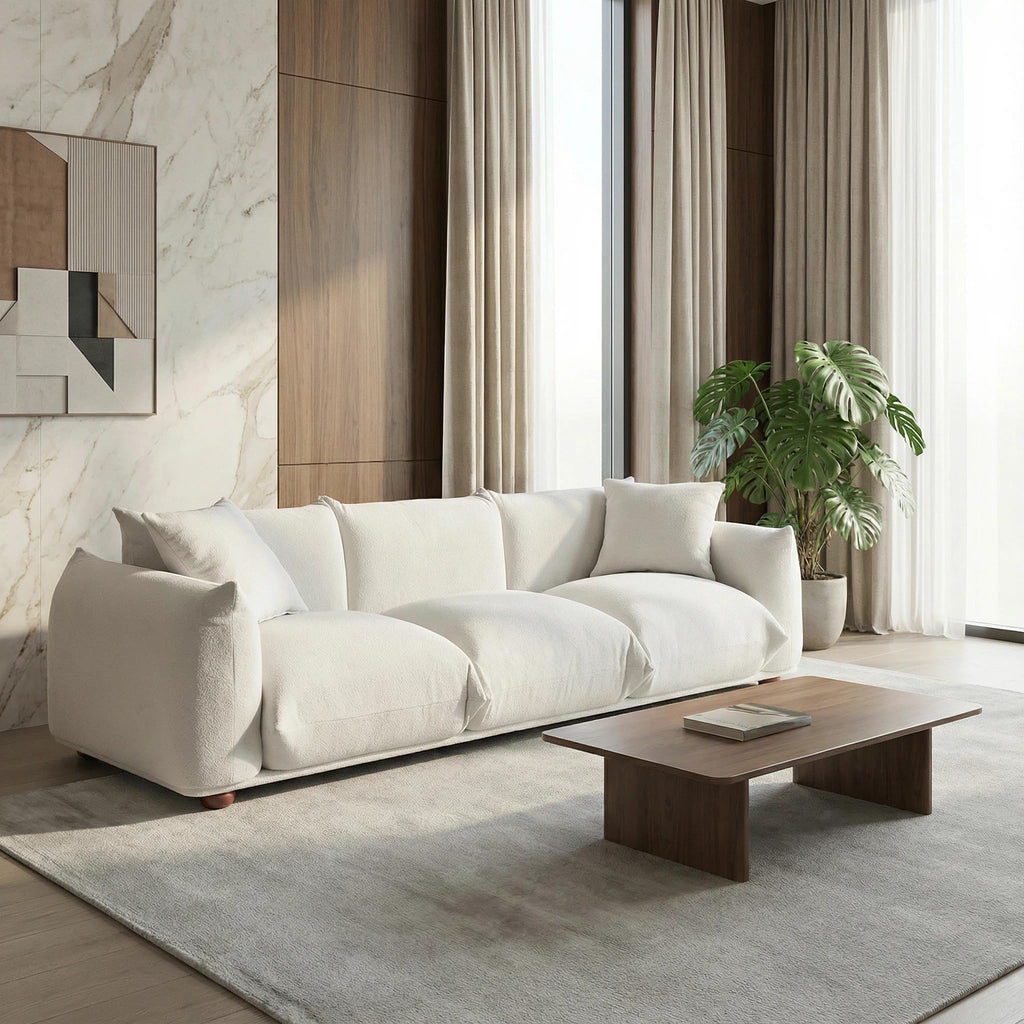 Sofa Couch, 100", 3 Seater, Solid Wood Frame, Boucle, Minimalist, Cream