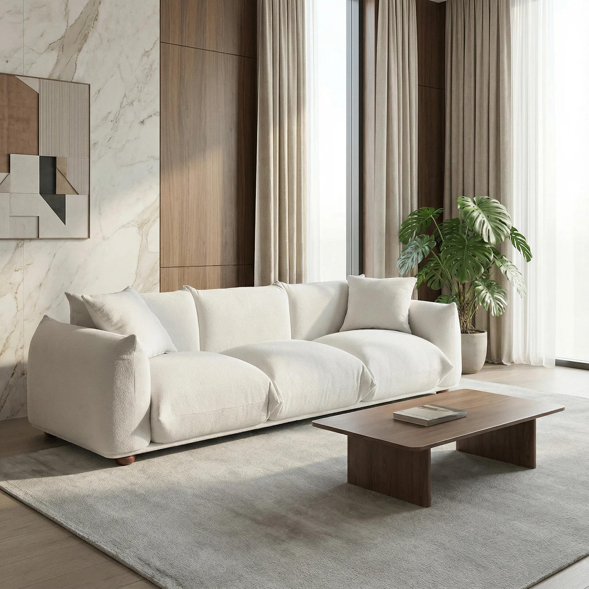 Sofa Couch, 100", 3 Seater, Solid Wood Frame, Boucle, Minimalist, Cream