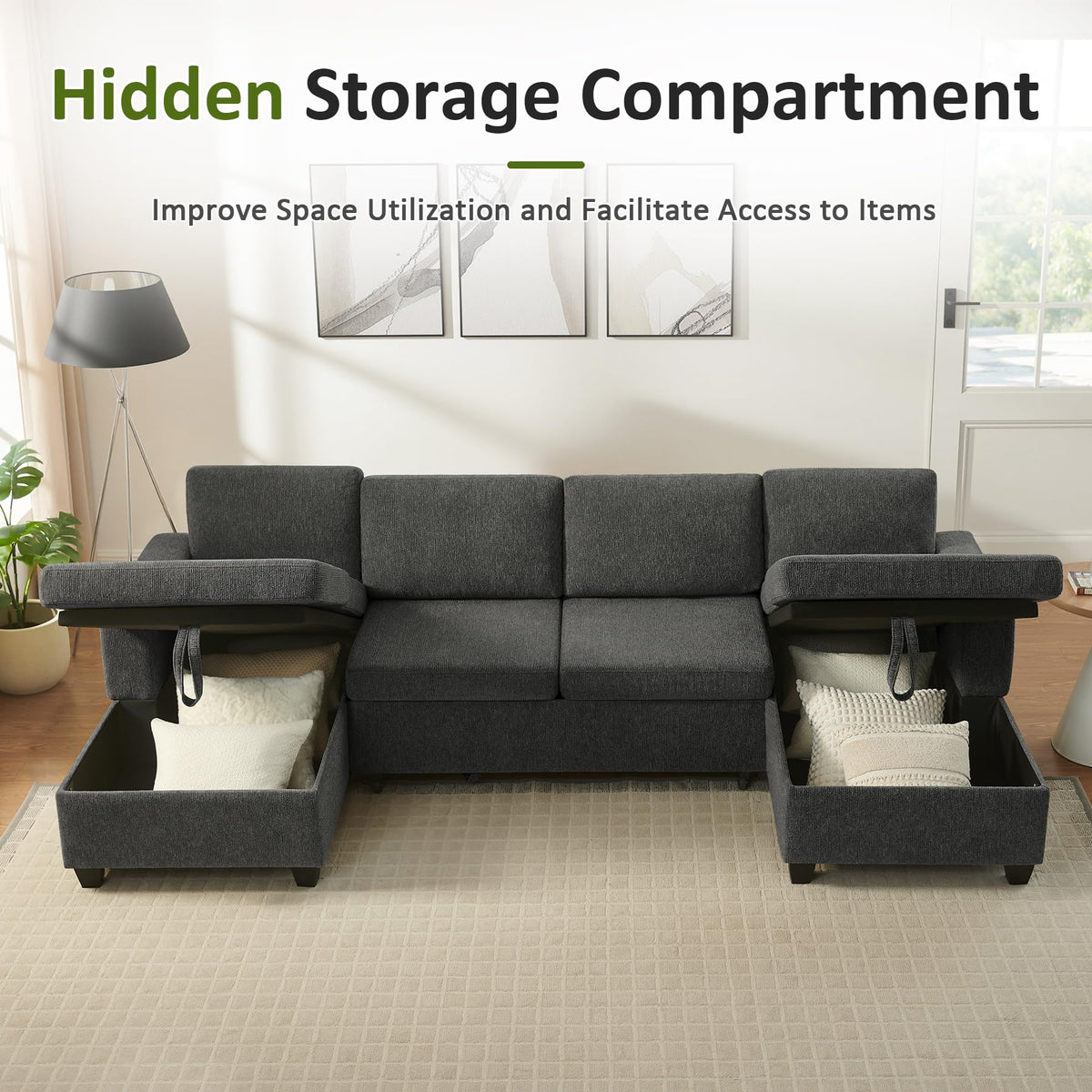 U-Shaped Sectional Sofa with Pull Out Bed & Storages, Dark Grey