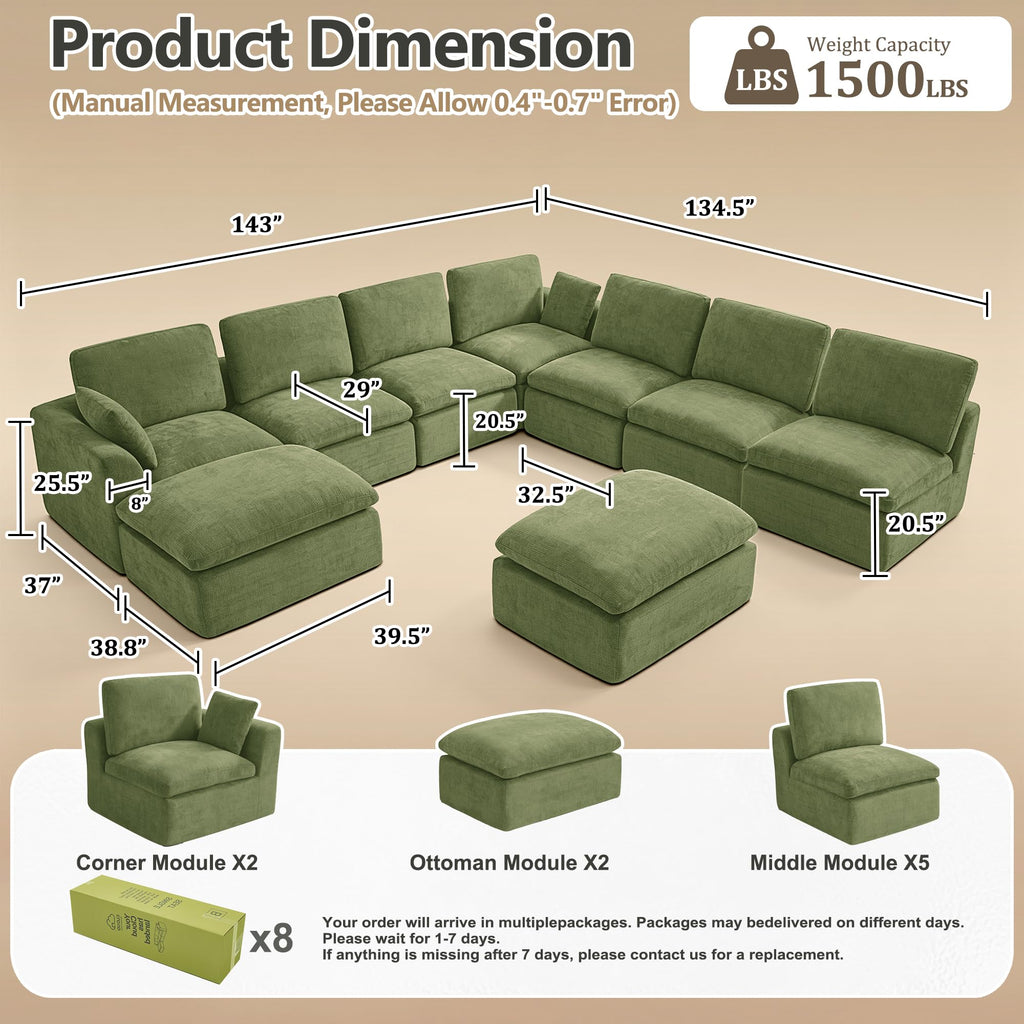 Oversized 240.5" Double-Layered and Soft Cloud Couch Modular Sectional Sofa Boneless Couches 9-Seater U-Shape Couch