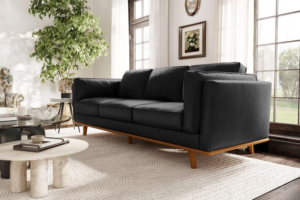 Artisan Full Leather Sofa 88" | Pure Full Italian Nappa Leather Couch, Solid Wood Accent, Ultimate Comfort, Black