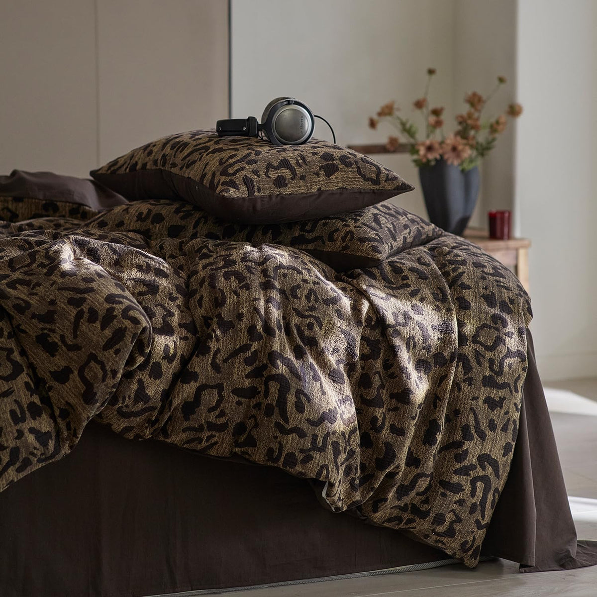 Leopard Print Duvet Cover Queen Yarn-Dyed Cotton Jacquard Duvet Cover Brown Leopard Pattern Comforter Cover Farmhouse