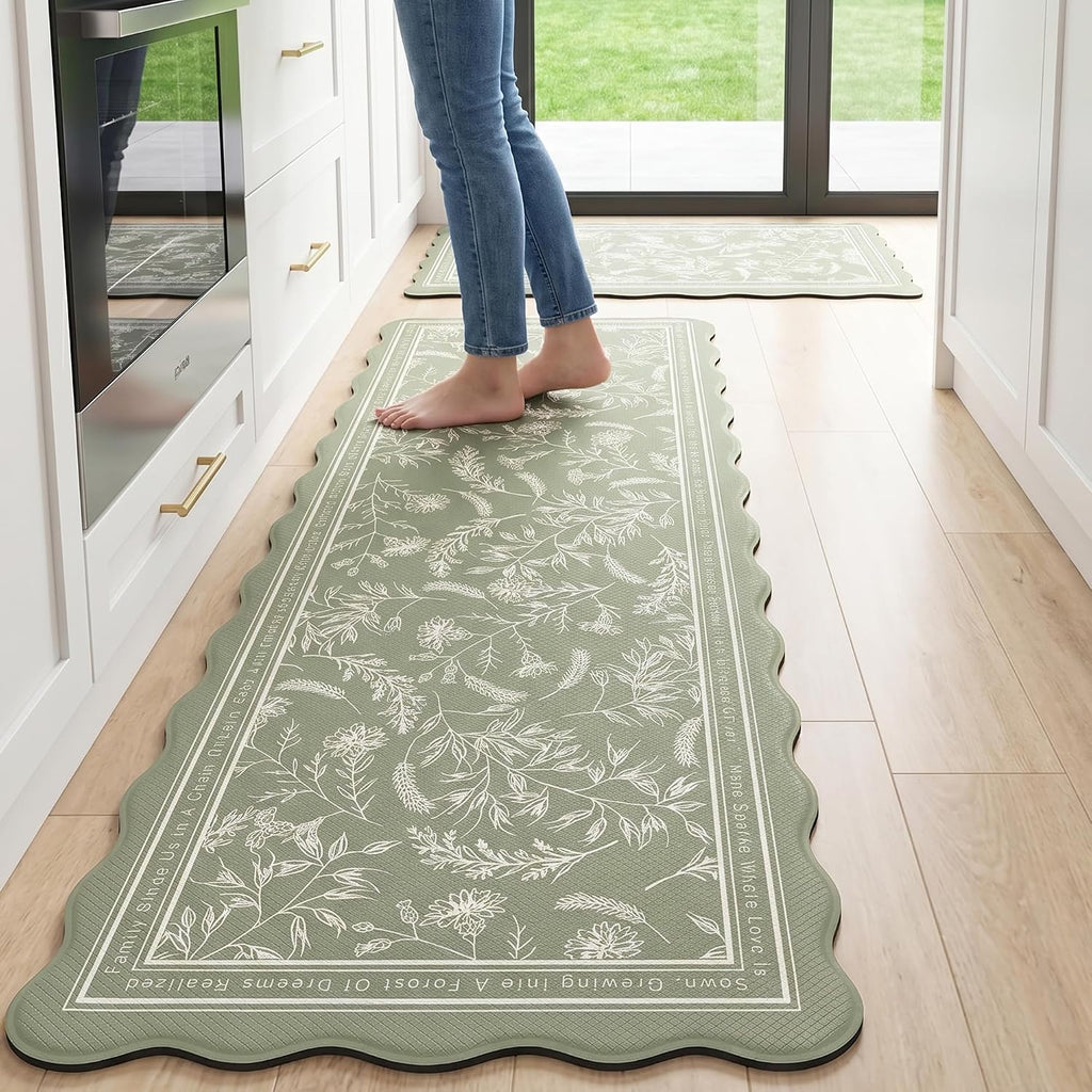Scalloped Sage Green Minimalist Line Herb Leaves Kitchen Rug Sets [2 PCs], Anti-Fatigue, Waterproof Non-Slip Kitchen