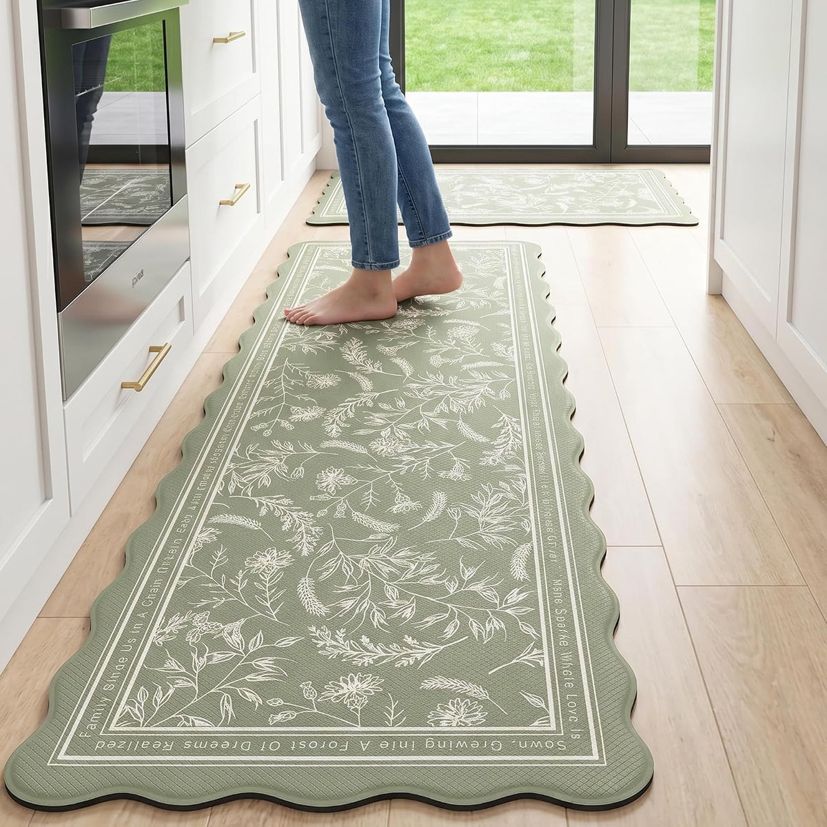 Scalloped Sage Green Minimalist Line Herb Leaves Kitchen Rug Sets [2 PCs], Anti-Fatigue, Waterproof Non-Slip Kitchen