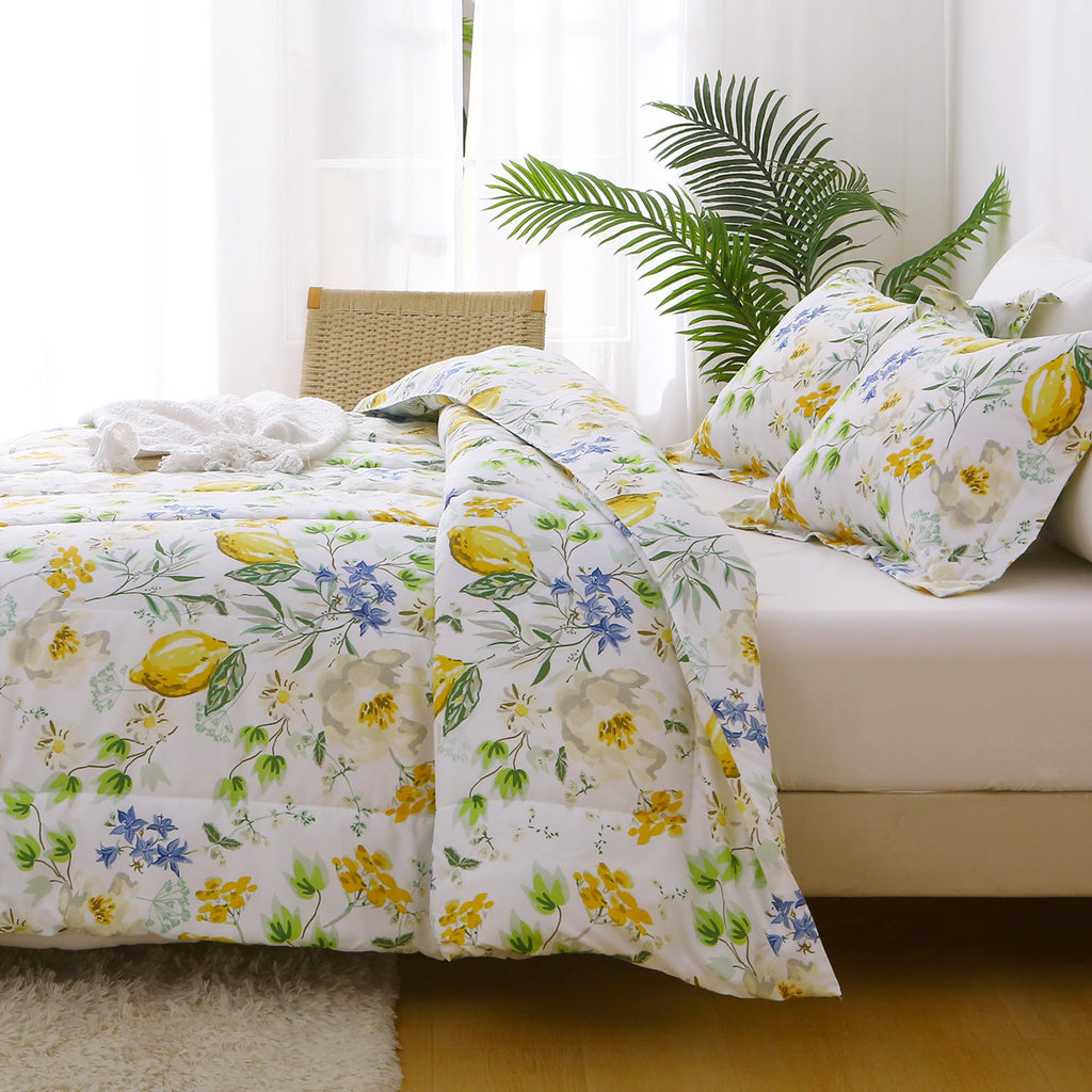 Floral Comforter Sets, Lemon Blossoms Patterned Bed in a Bag for All Seasons, 3-Piece Farmhouse Rustic