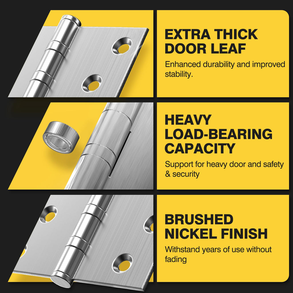 Ball Bearing Door Hinges, 4 x 4 Inches, Brushed Nickel, 6 Pack