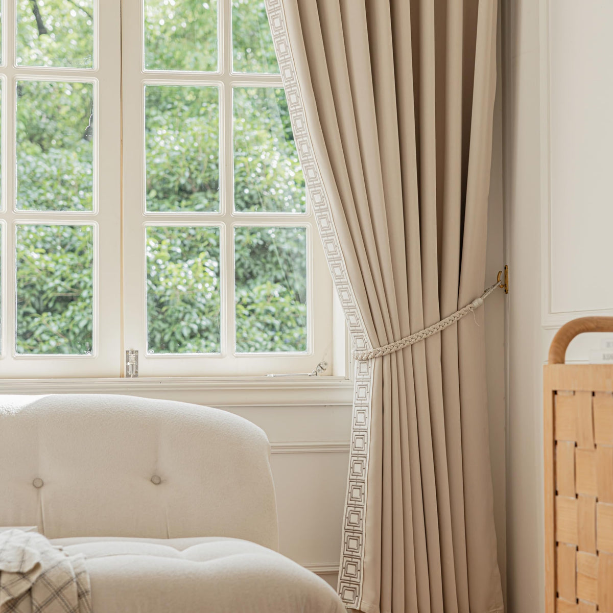 Beige Sand Pinch Pleat Curtain Panels with Decorative Trim, Full Blackout Curtains Bedroom Club Theater (50" W x 84"