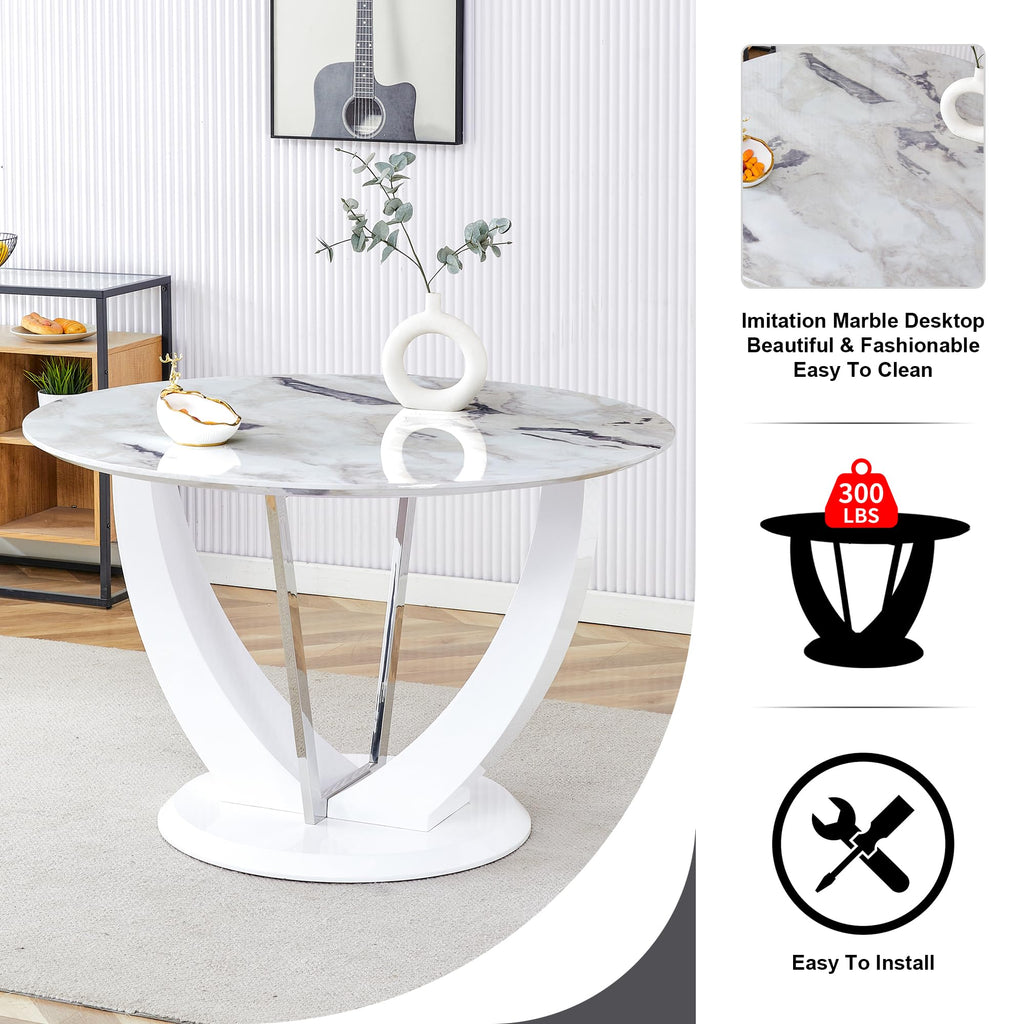 Inspired Saarinen Style Round Dining Table for 4/6, 47 Inch Faux Marble Look Dining Room Table, White Kitchen Table with Stable Pedestal