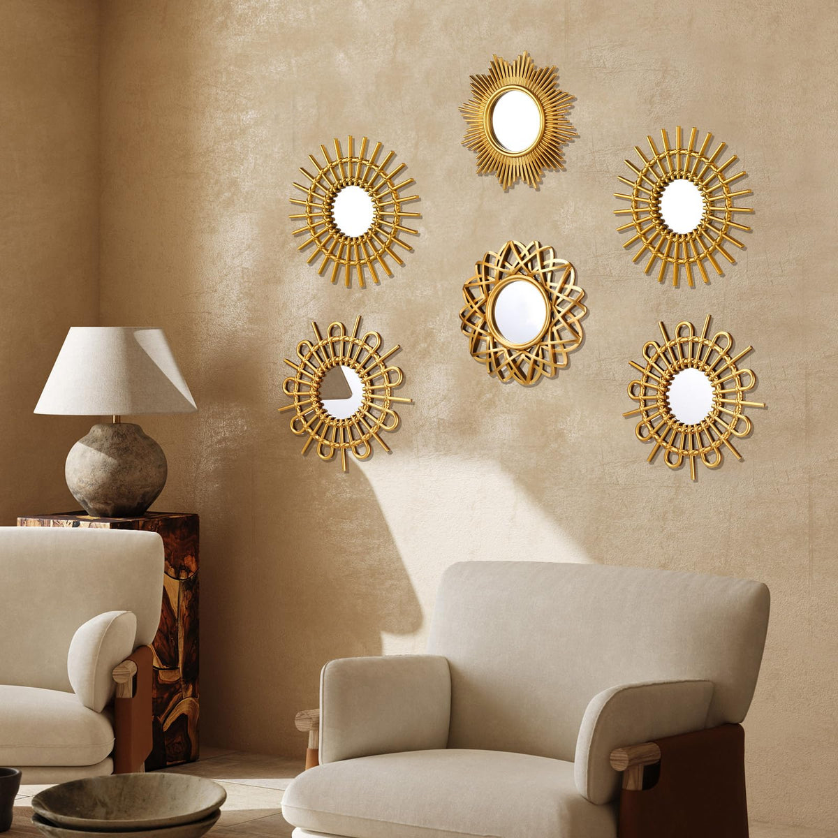 6 Pcs Sunburst Round Mirror for Wall Decor, Elegant, Gold