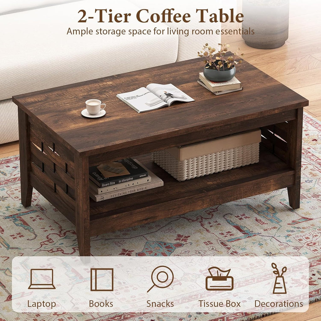 Farmhouse Coffee Table, 2-Tier Center Table with Storage Open Shelf & Woven Slatted Design