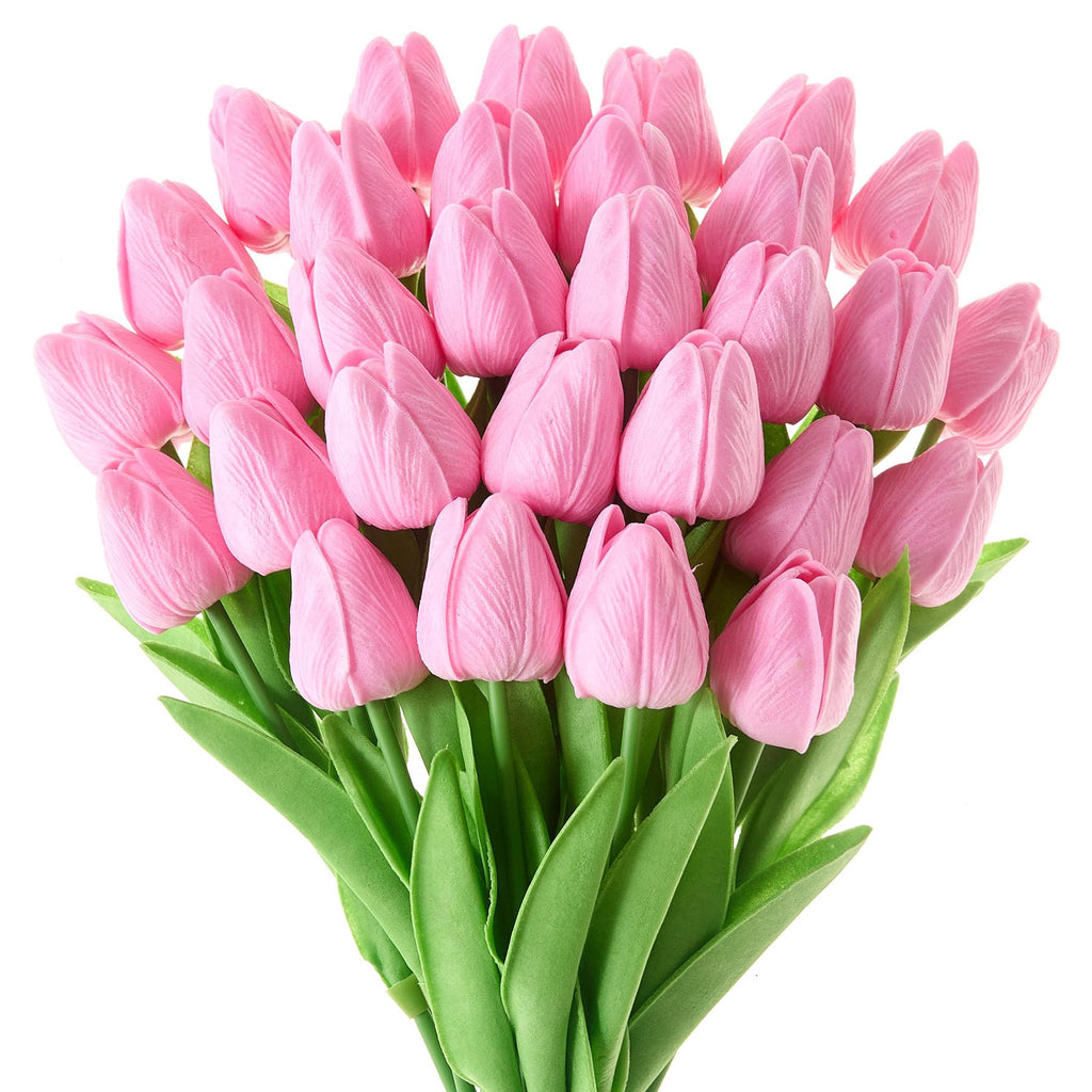 30 Pcs Pink Tulips Artificial Flowers Fake Tulips Fake Tulip Flowers Real Touch 13" Silk Flower for Bulk Home Kitchen
