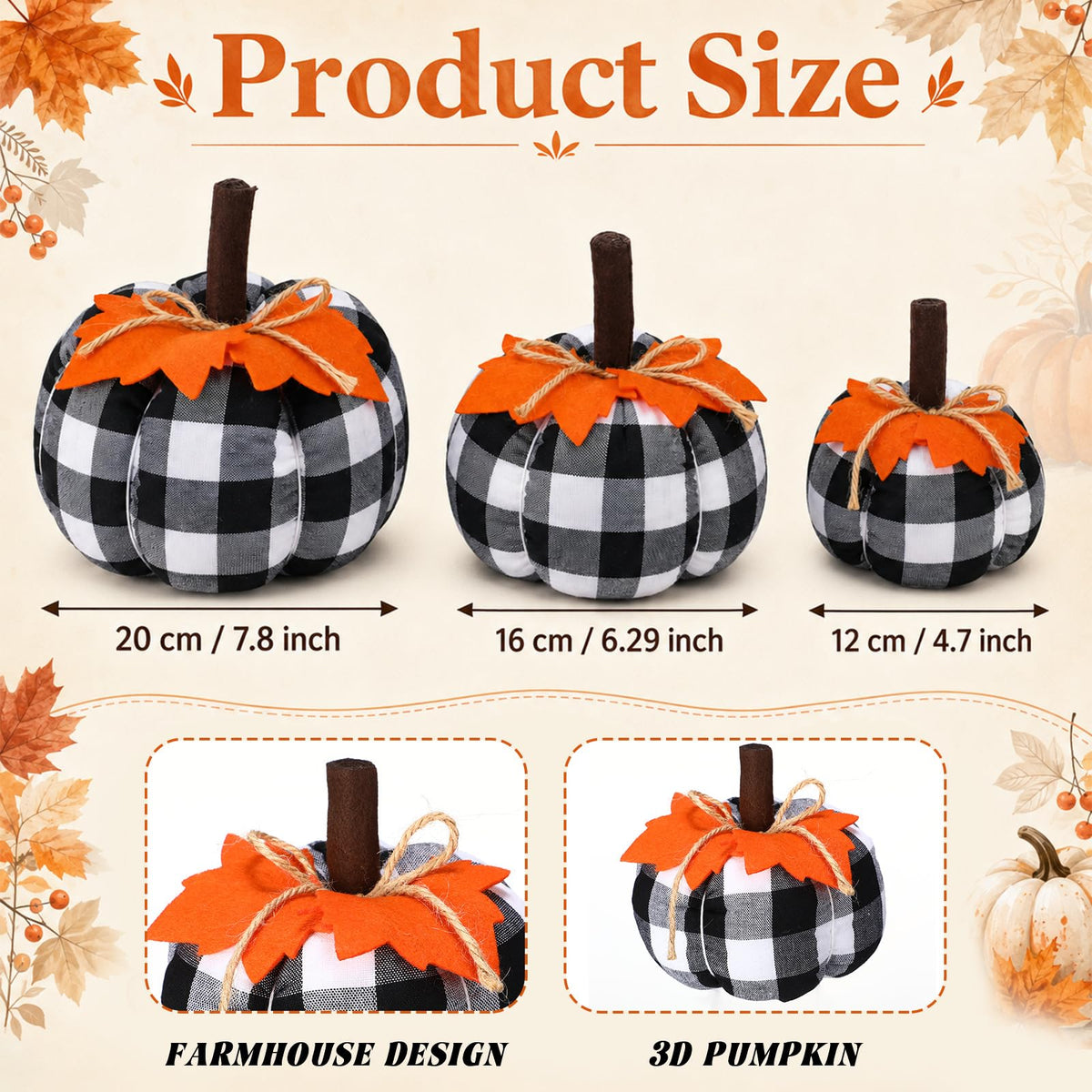 3 Pcs Fall Pumpkins Decor Black White Pumpkins with Orange Leaves