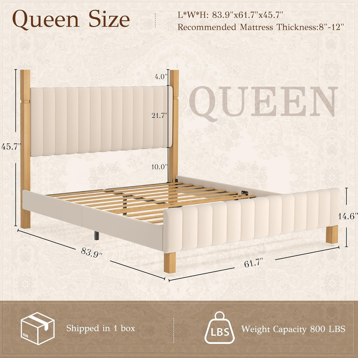 Queen Bed Frame with Headboard, Solid Wood Bed Frame Queen, Platform Bedframe Noise Free, No Box Spring Needed, Beige