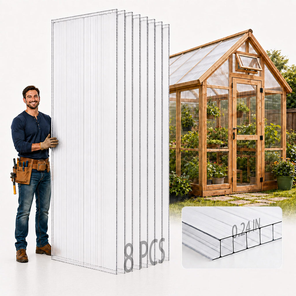 8-Pack Polycarbonate Greenhouse Panels, 8 x 4 ft, 0.24 in Twin-Wall Sheets, UV-Coated Translucent Roof and Wall
