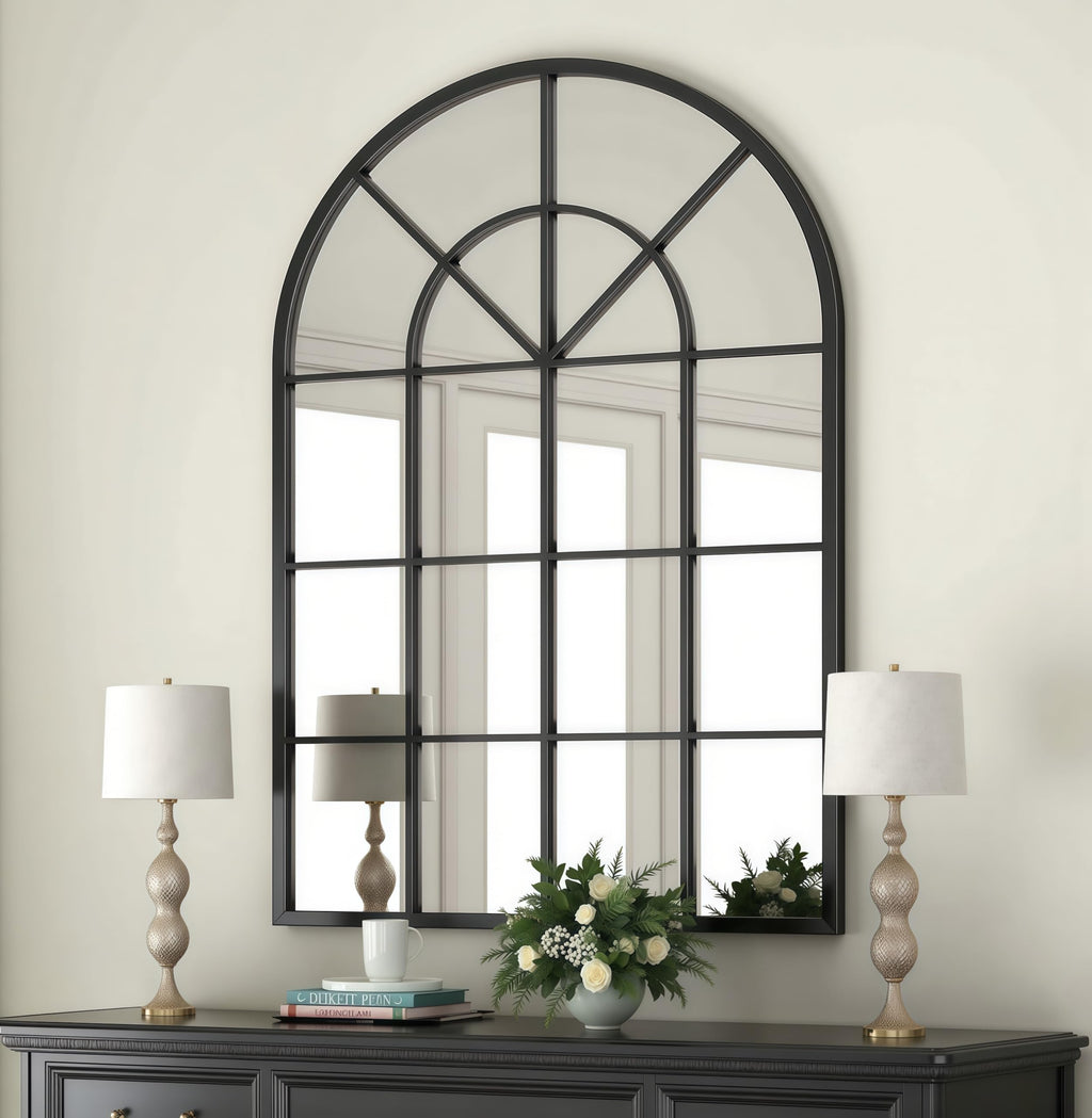 Arched Wall Mirror, 42"x30" Metal Frame Windowpane Mirror, Black