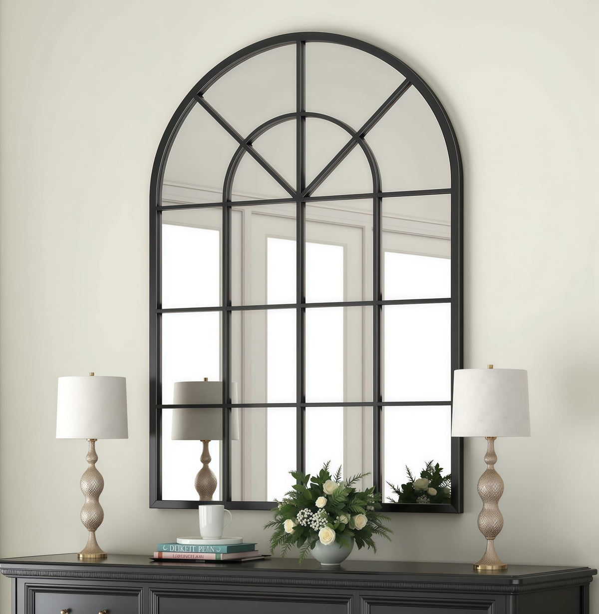 Arched Wall Mirror, 42"x30" Metal Frame Windowpane Mirror, Black