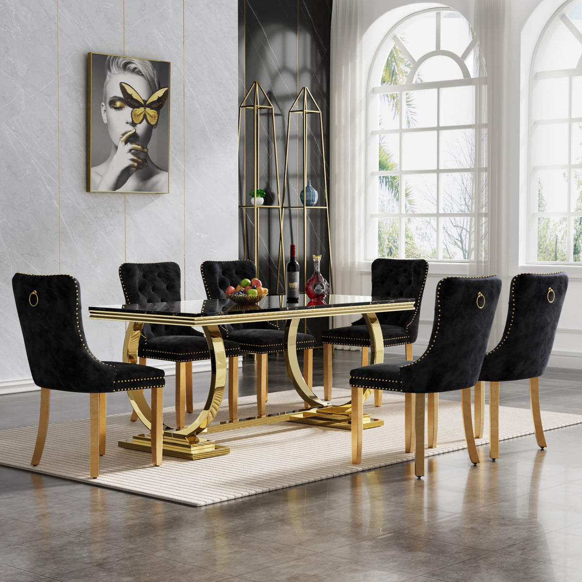 Inspired Saarinen Style 68" Black Marble Dining Table for 6 to 8 Person, Large Rectangular Faux Marble Tabletop & Gold O Shape Pedestal Base