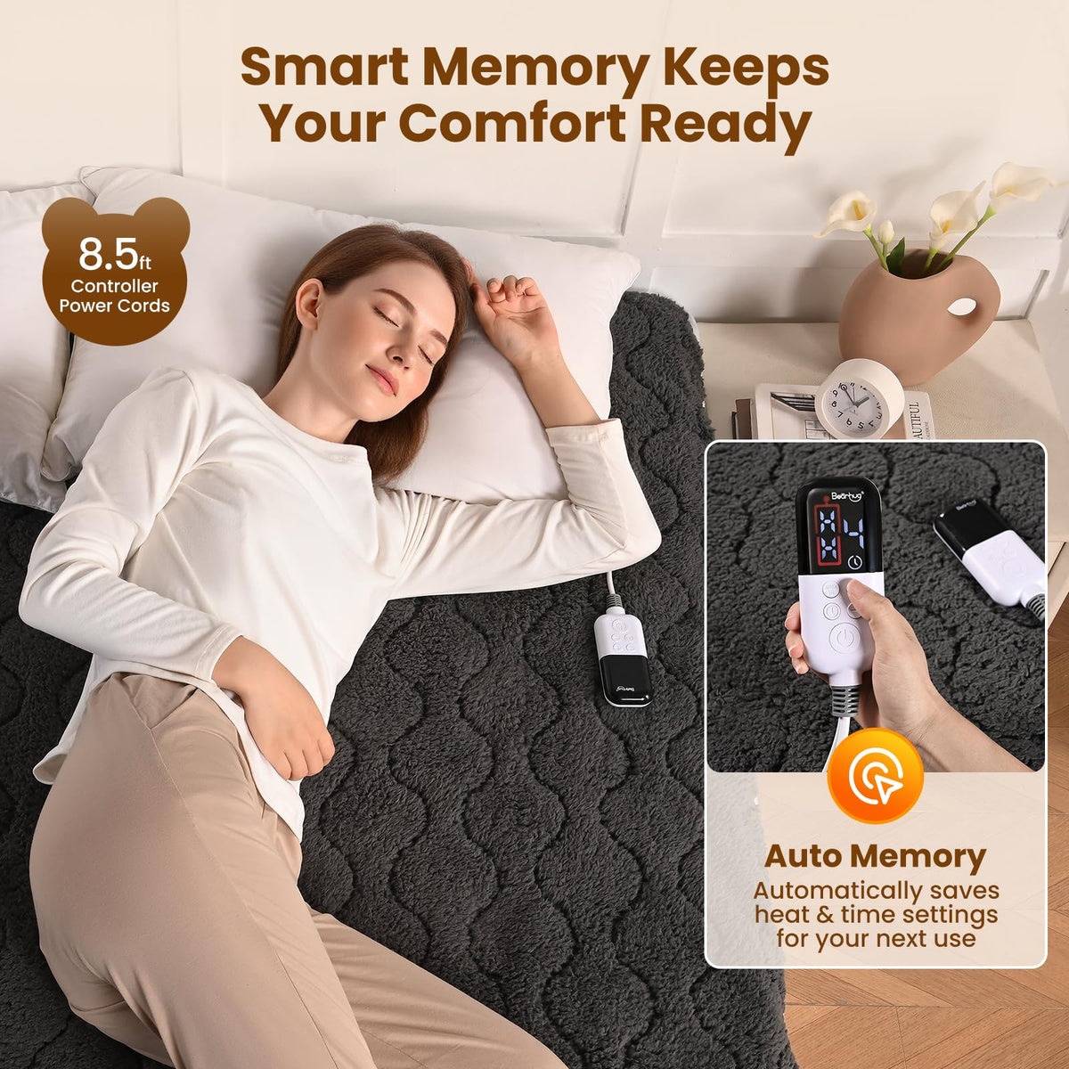 Multi-Zone Electric Heated Mattress Pad Queen Size, Dual Control Bed Warmer with Memory & 11 Heat Level, Auto