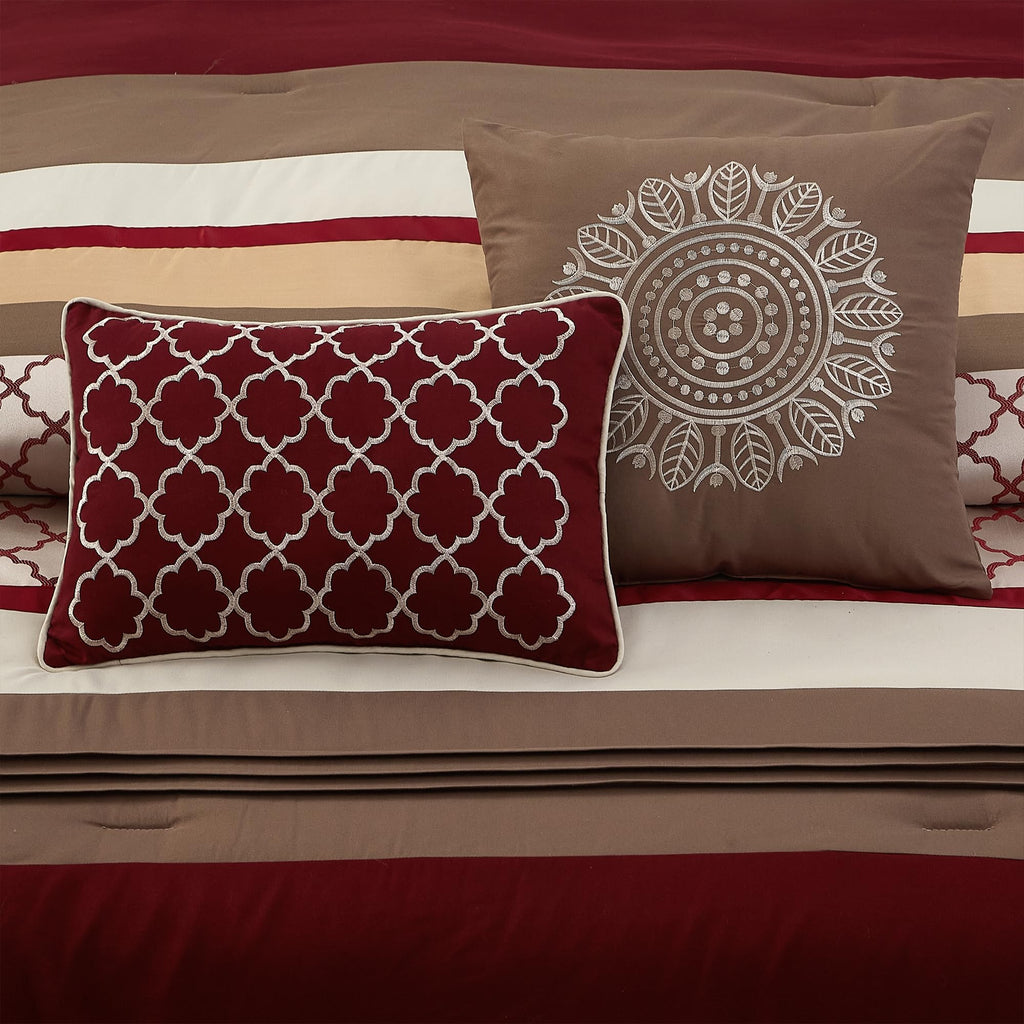 Comforter Set, Berry Taupe Bedding Set, Jacquard Woven with Embroidery, 8 Pieces Bed in a Bag, Bed Skirt, Shams