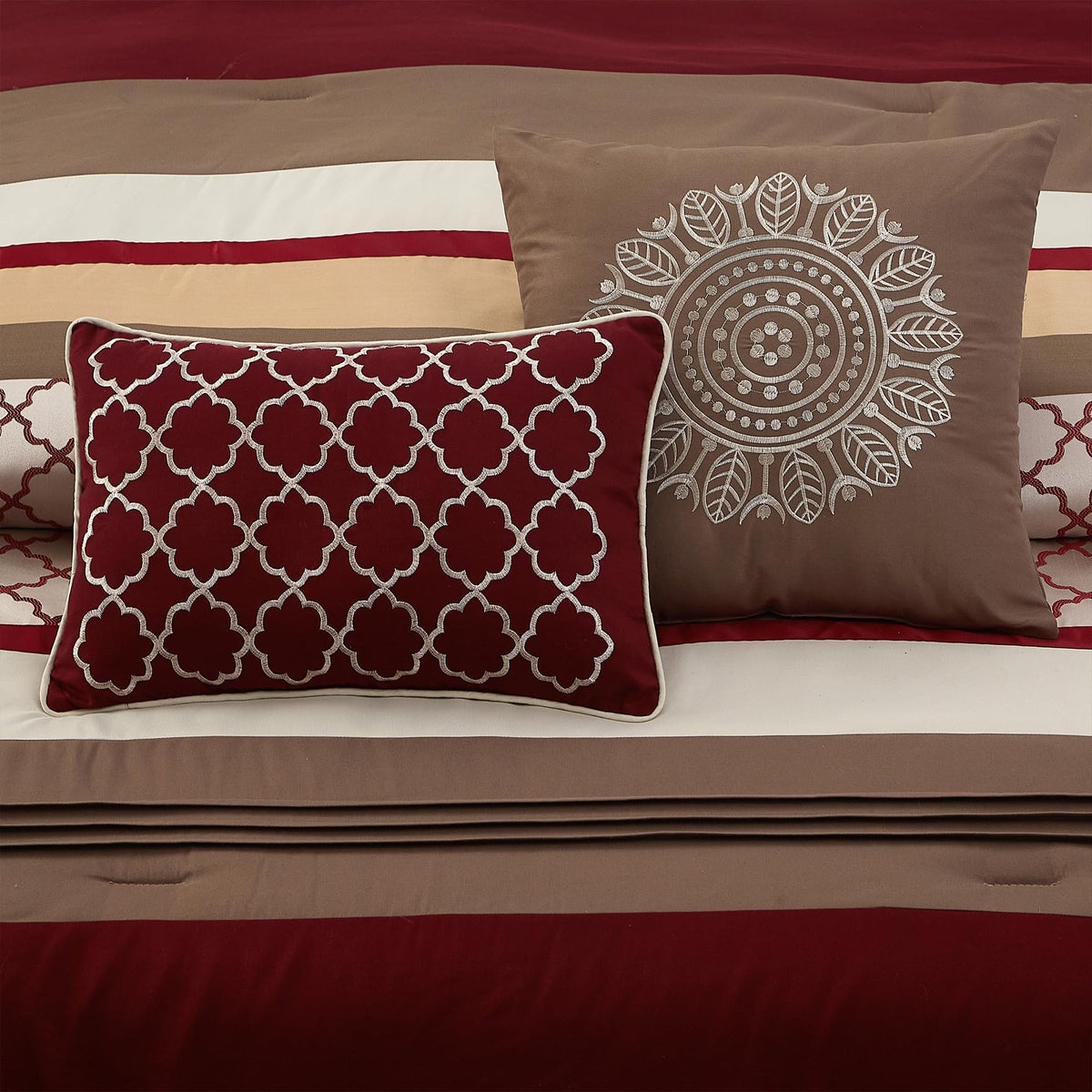 Comforter Set, Berry Taupe Bedding Set, Jacquard Woven with Embroidery, 8 Pieces Bed in a Bag, Bed Skirt, Shams