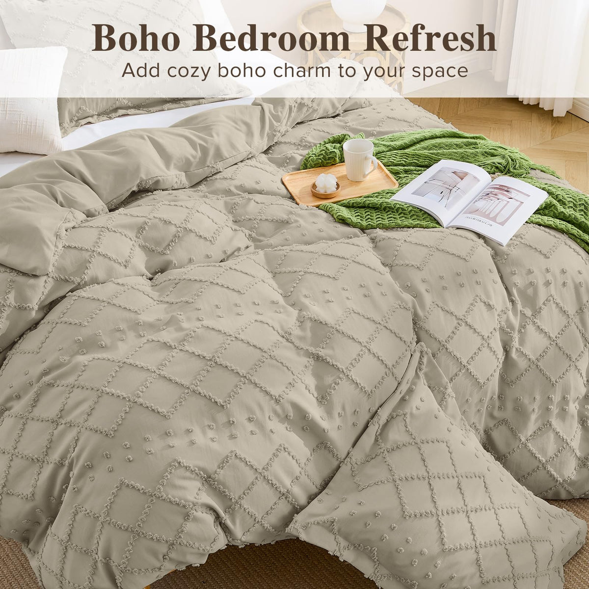 Boho Duvet Cover Set King Size, Tufted Embroidery Bedding, 3 PCS, Oatmeal