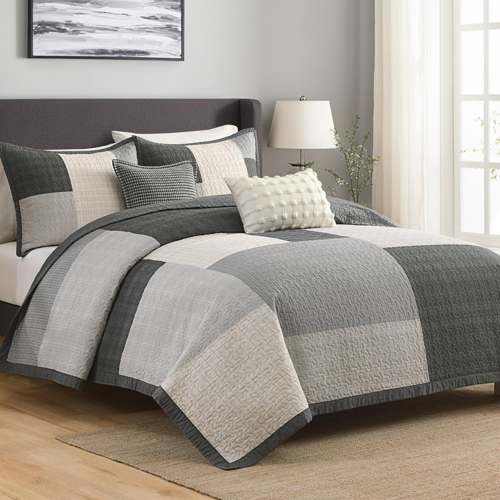 5-Piece Quilt Set, 100% Cotton, Patchwork Comforter Bedding Set, Farmhouse Plaid Quilted Bedspreads