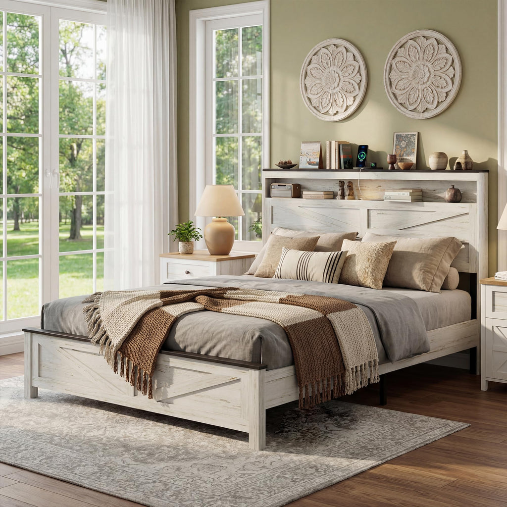 Farmhouse Bed Frame with LED Headboard Storage