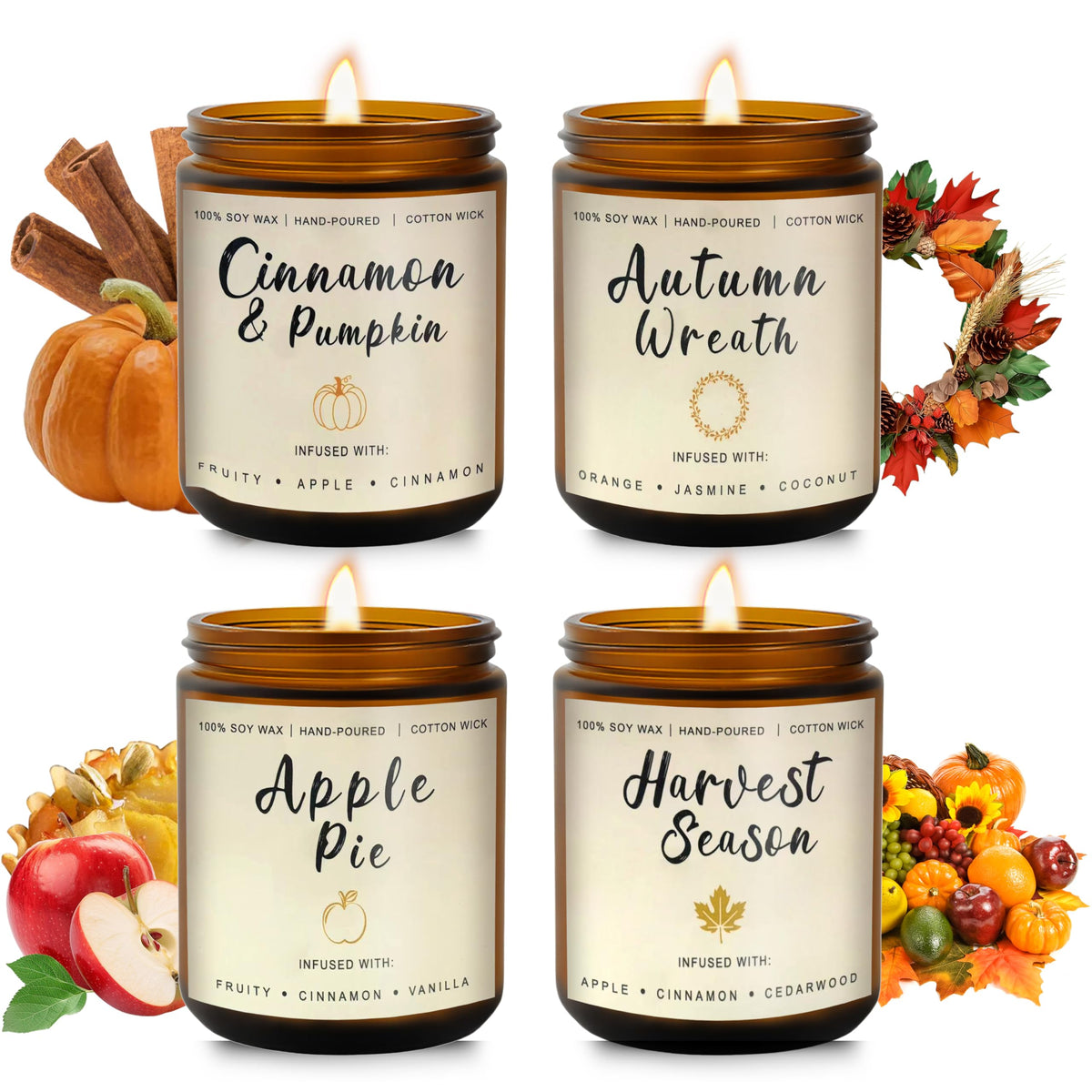 Fall Candles Gift Set - 4 Pack Scented Soy Candles, Autumn Decor