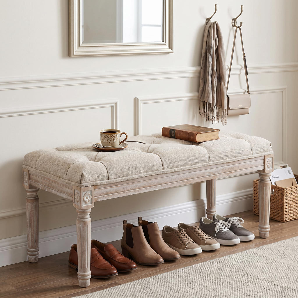 31.5" French Country Entryway Bench Dining Bench, Beige