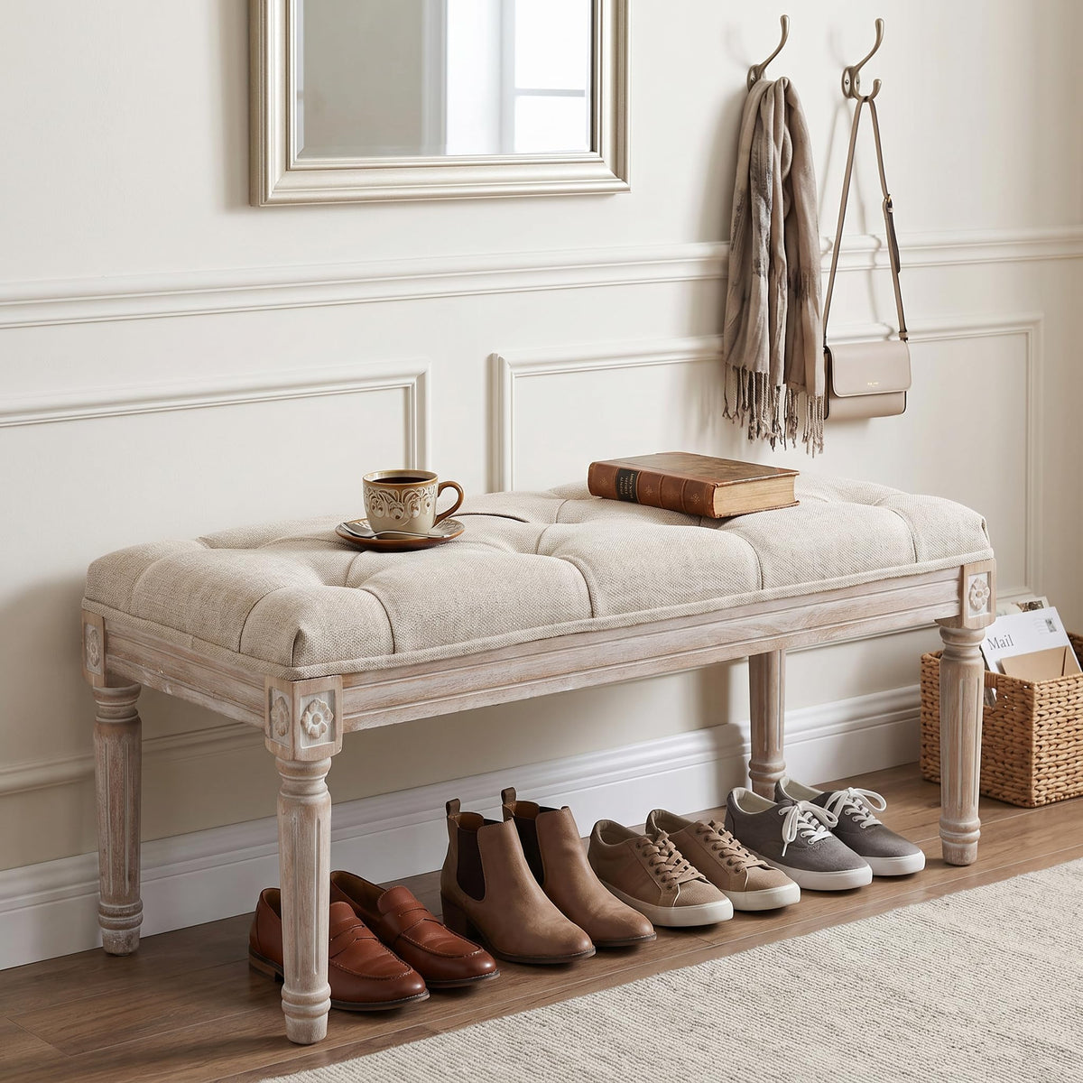 31.5" French Country Entryway Bench Dining Bench, Beige