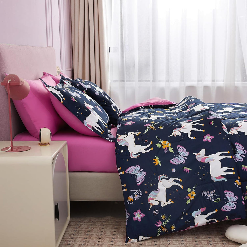 Kids Comforter Bed Set for Girls, 6 Pieces Bed in a Bag with Shams, Sheet Set, Pink Unicorn Soft Microfiber
