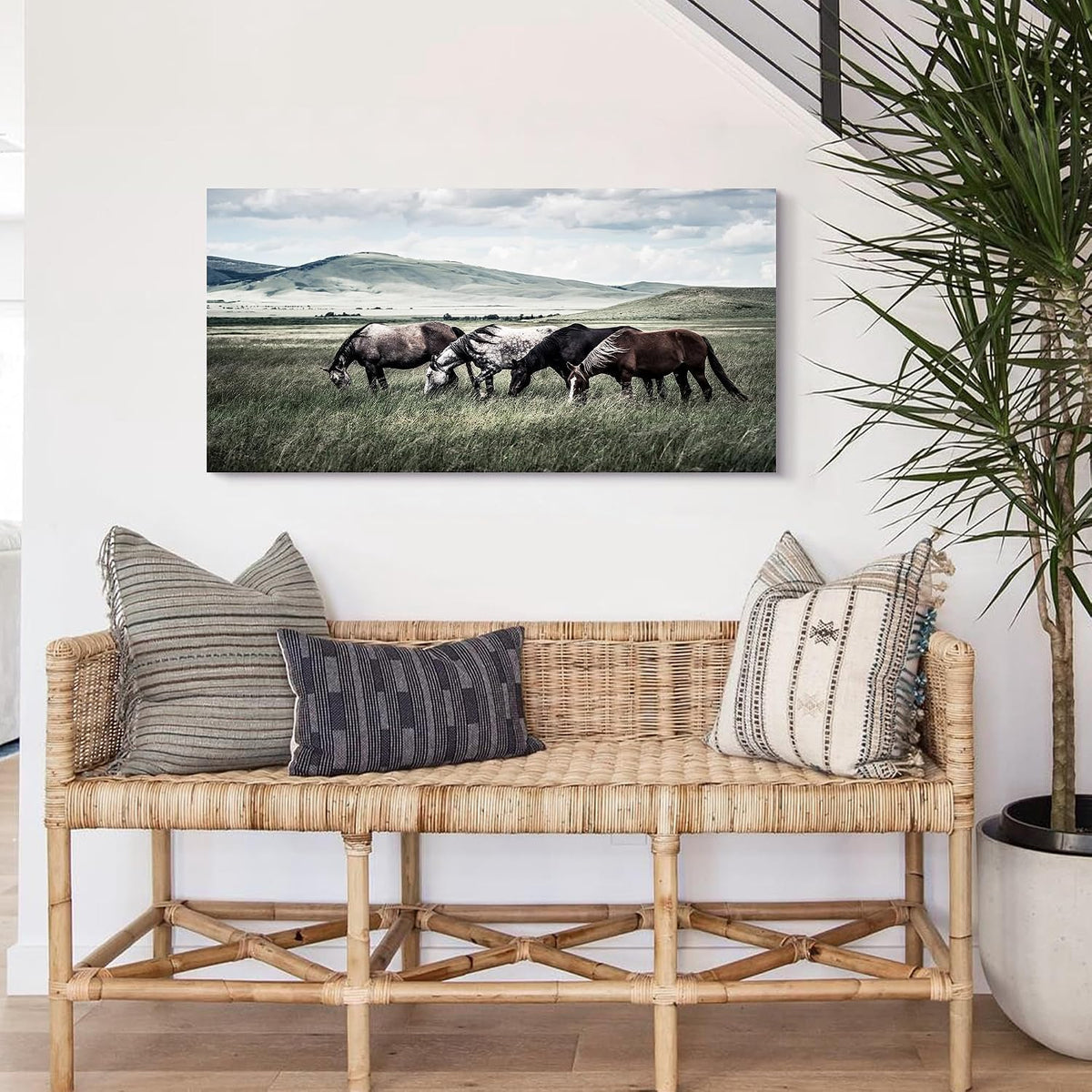 Rustic Horse Canvas Wall Art: Farmhouse Horses Picture Vintage Wild Animal Grazing on Grass Painting Print Country