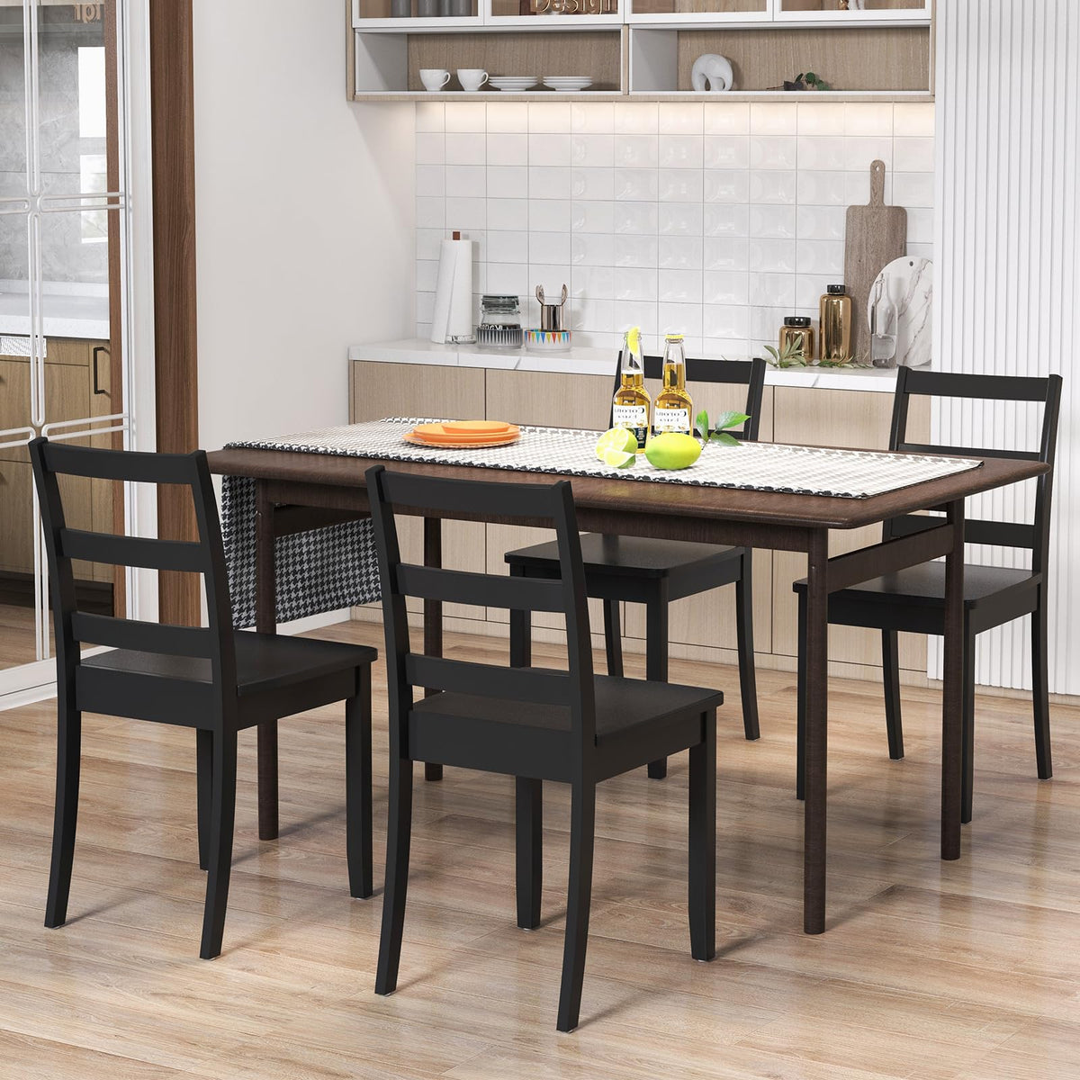 Wood Dining Chairs Set of 4 Black- Wooden Armless Kitchen Chairs with Solid Rubber Wood Legs, Non-Slip Foot Pads, Max