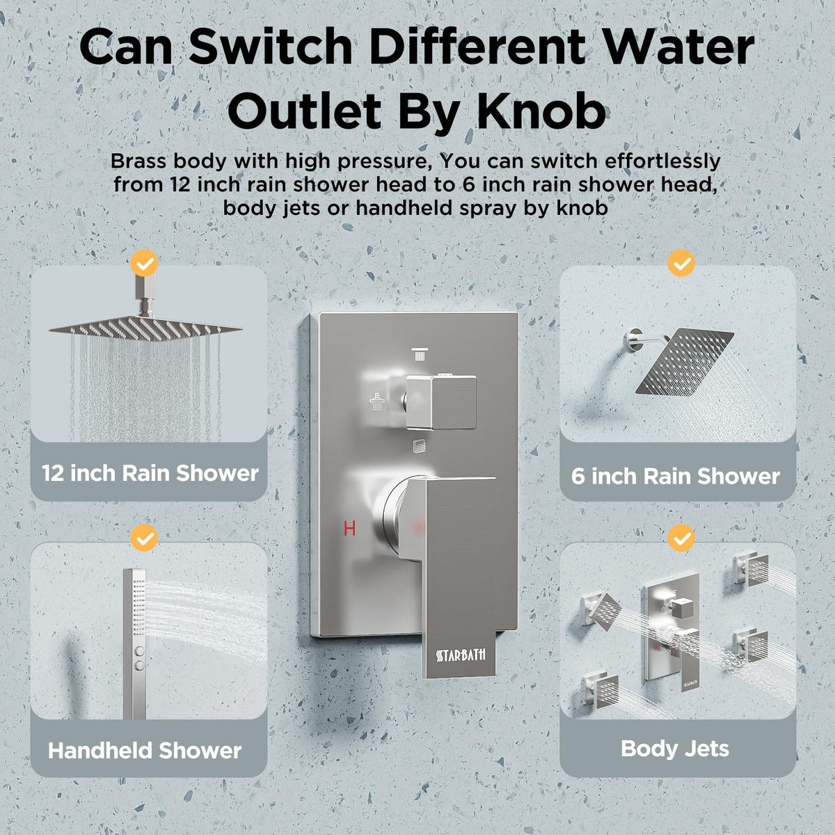 Rainfall Shower System with 4 Body Spray Jets, 4 Way 12 + 6"Rainfall Shower Head with Handheld Combo, Shower Jets