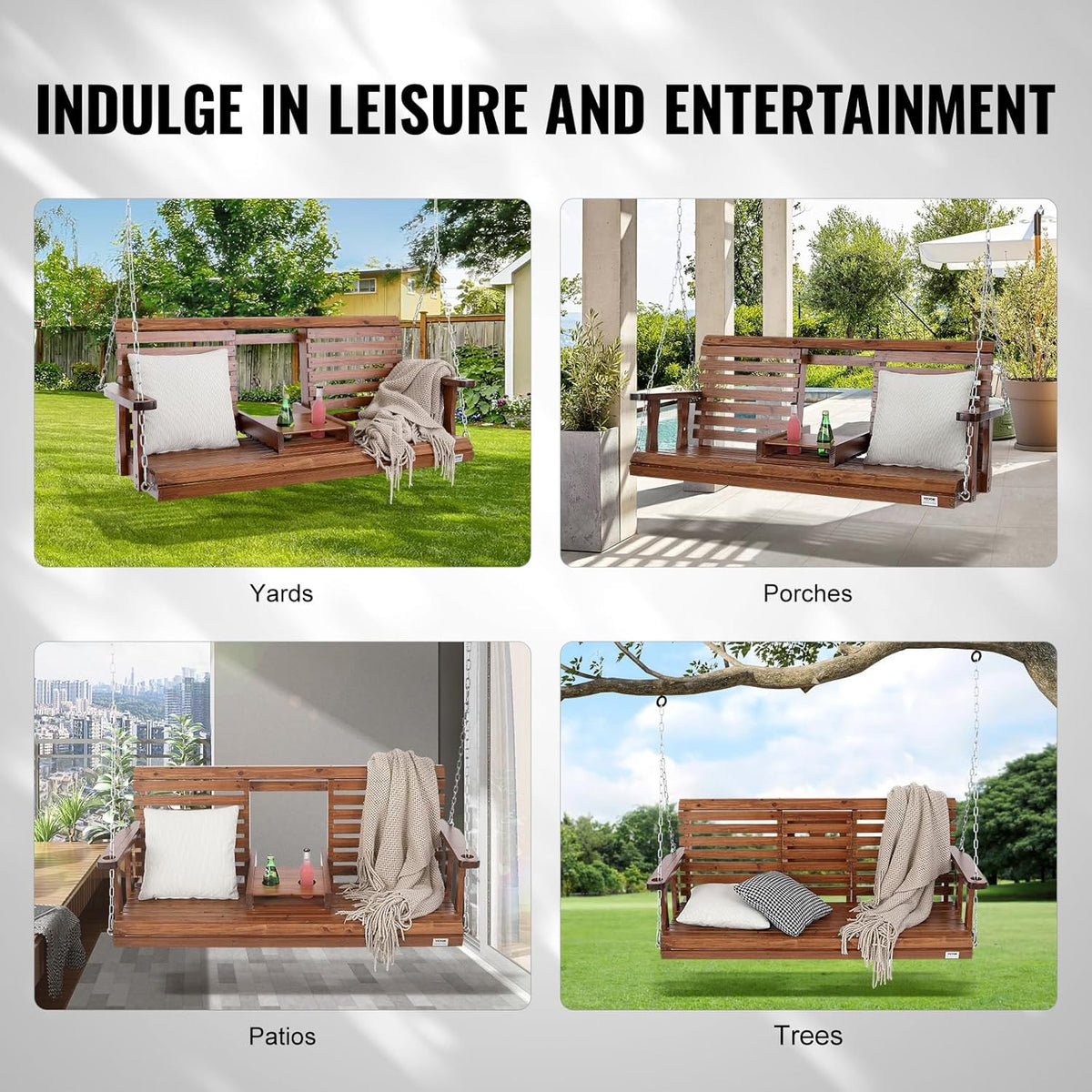 Wooden Porch Swing 5 ft, Patio Bench Swing for Courtyard & Garden, Upgraded 880 lbs Strong Load Capacity, Heavy Duty