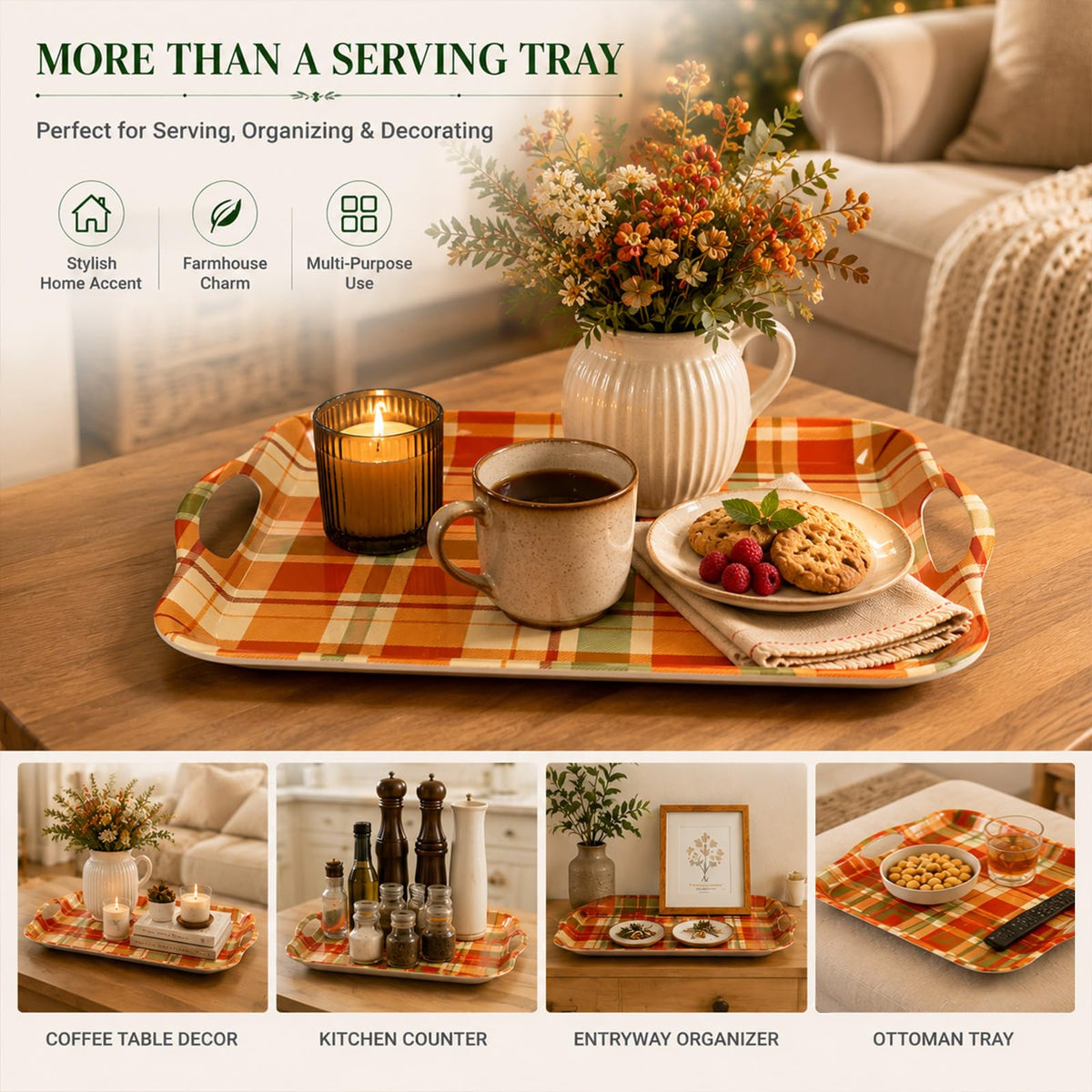 Serving Trays with Handles, Set of 2, 16 x 11.4 Inch Bamboo Fiber Rectangular Food Trays, Fall Plaid, Dishwasher Safe