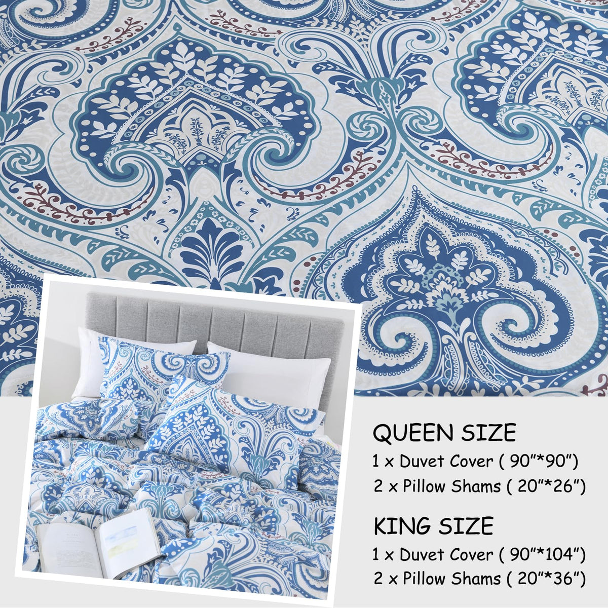 100% Cotton Duvet Cover Queen Size - Blue Damask Queen Duvet Cover Set with Zipper Closure & 8 Corner Ties, 3 Pieces