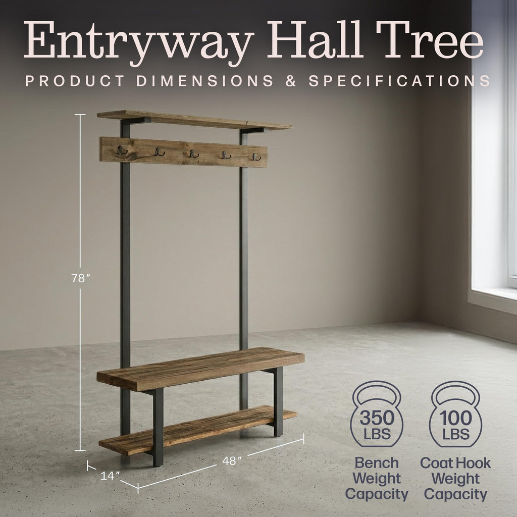 Pomona Solid Wood Entryway Hall Tree with Shoe Bench, Rustic Brown, 48 Inch