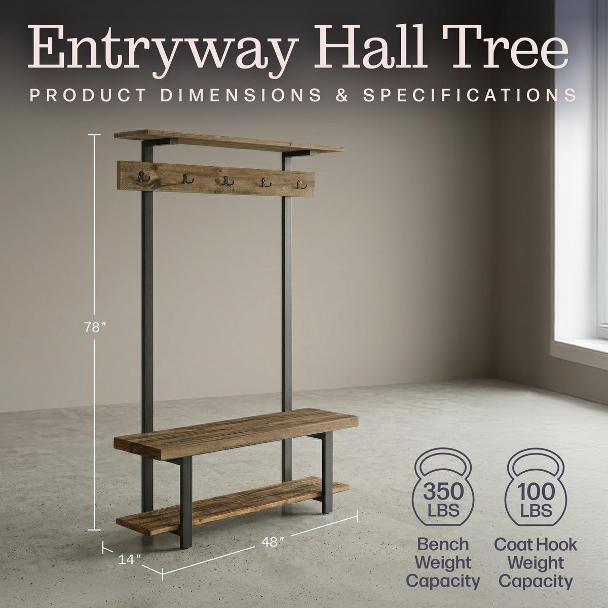 Pomona Solid Wood Entryway Hall Tree with Shoe Bench, Rustic Brown, 48 Inch