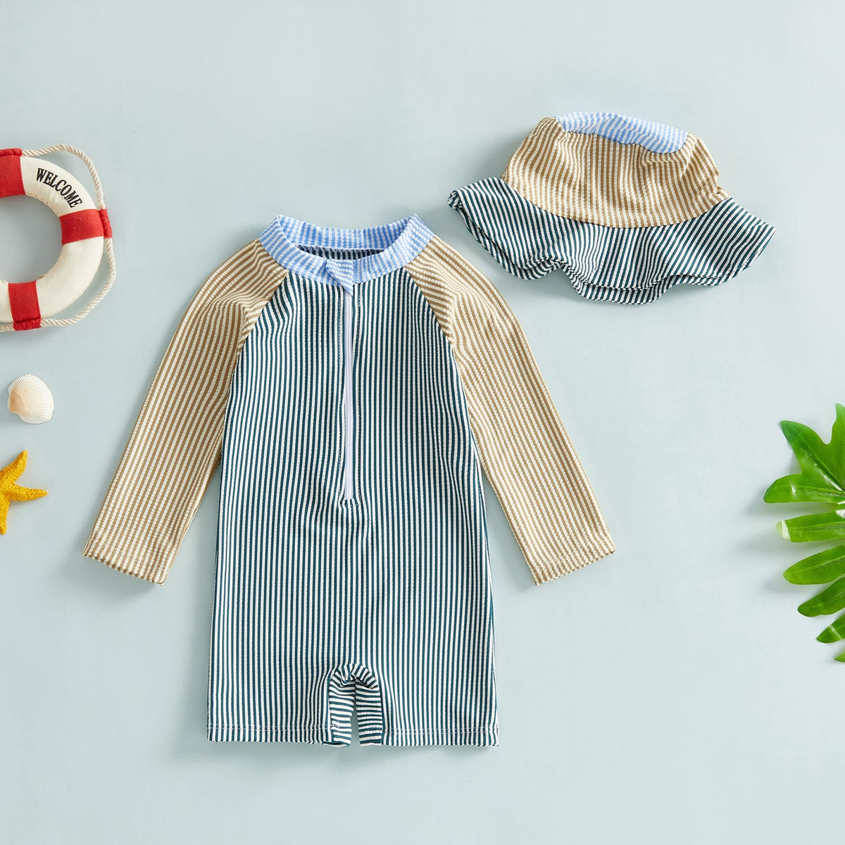 Toddler Baby Boys Seersucker Long Sleeve One Piece Rash Guard Swimsuit Zipper Bathing Suit Swimwear with Hat