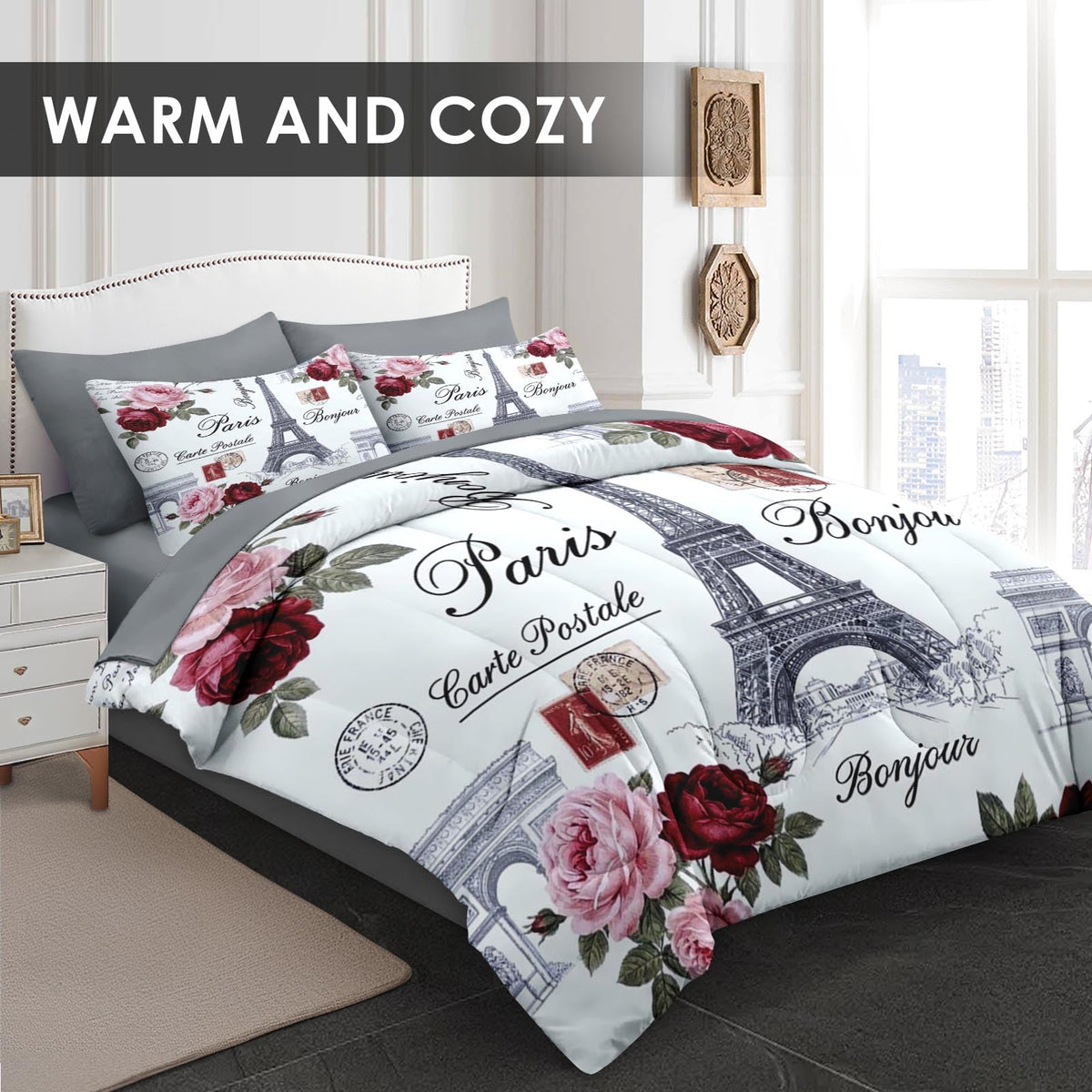 King Comforter Set with Sheets, 7 Pieces Paris Vintage Bedding