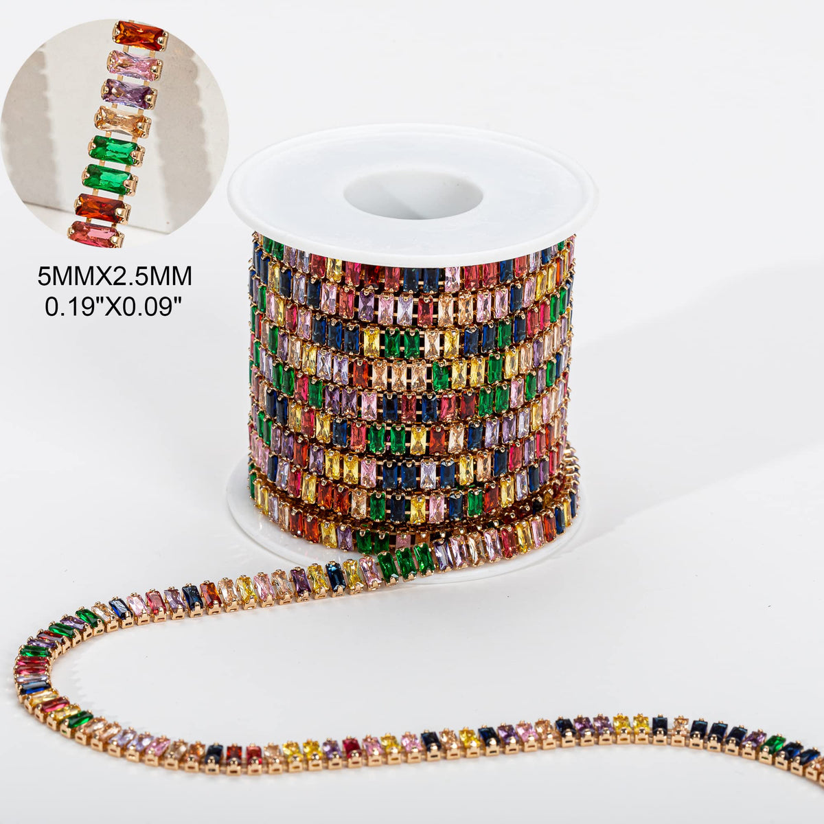 Rectangle Zircon Rhinestones Close Chain Beaded Trim for Sewing Crafts,DIY Decoration(Rainbow Crystal) - 1 Yards
