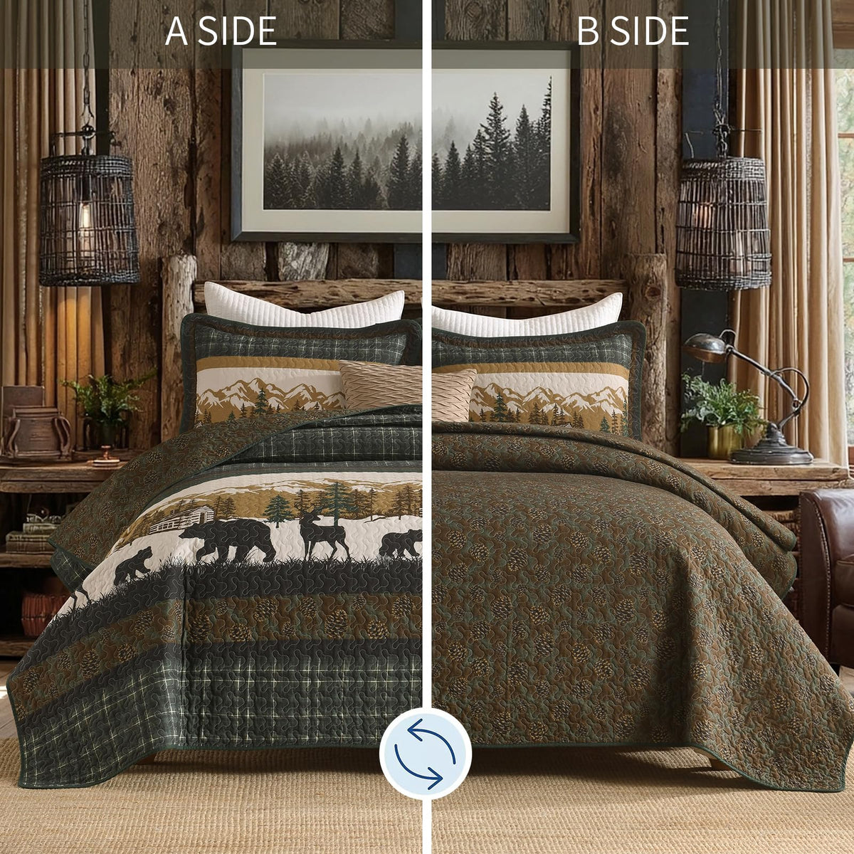 100% Cotton Quilt Set, Rustic Cabin Plaid Bear, Green/Brown
