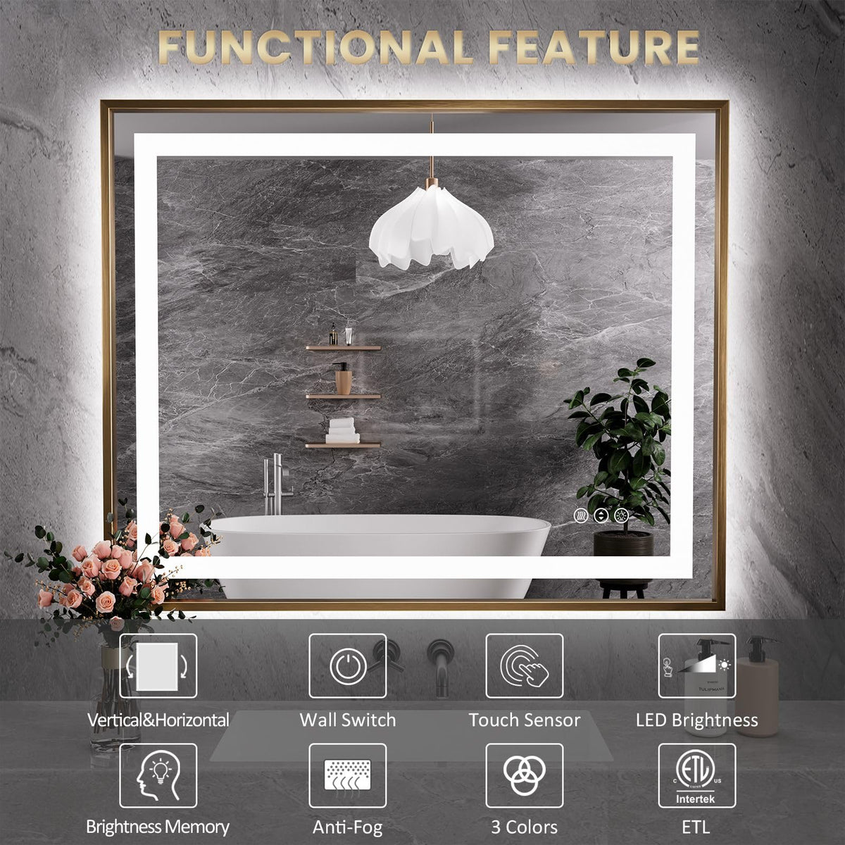 36"X30" LED Bathroom Mirror with Front Lit and Backlit(Brushed Gold)