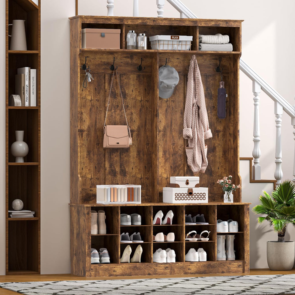 Hall Tree with Bench and Shoe Storage, 53" Farmhouse 4-in-1 Mudroom Storage Organizer with Coat Rack, 6 Hooks, 12