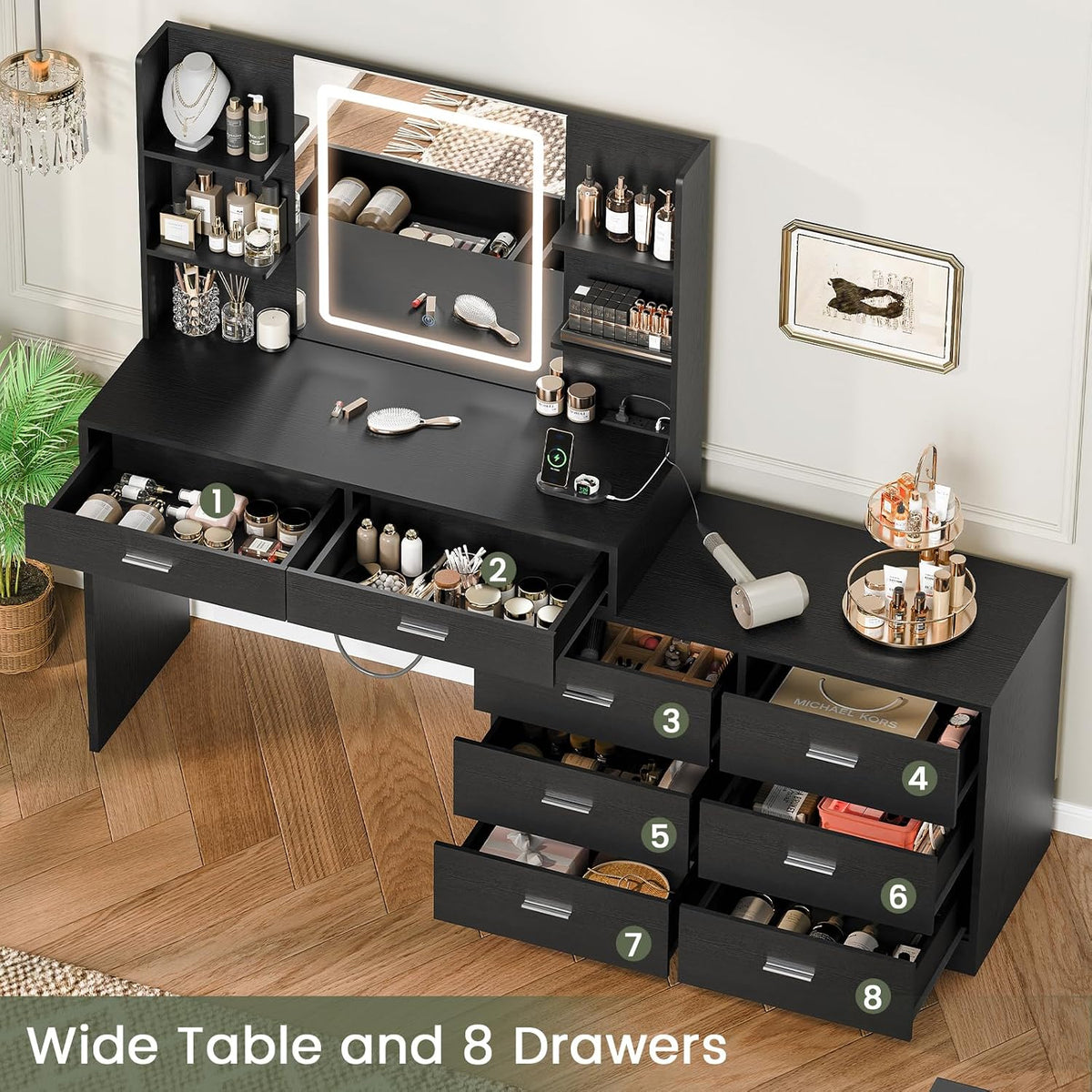 Vanity Desk with LED Lighted Mirror & Power Outlet, Modern Corner Makeup Vanity Table with 8 Drawers & Open Shelves