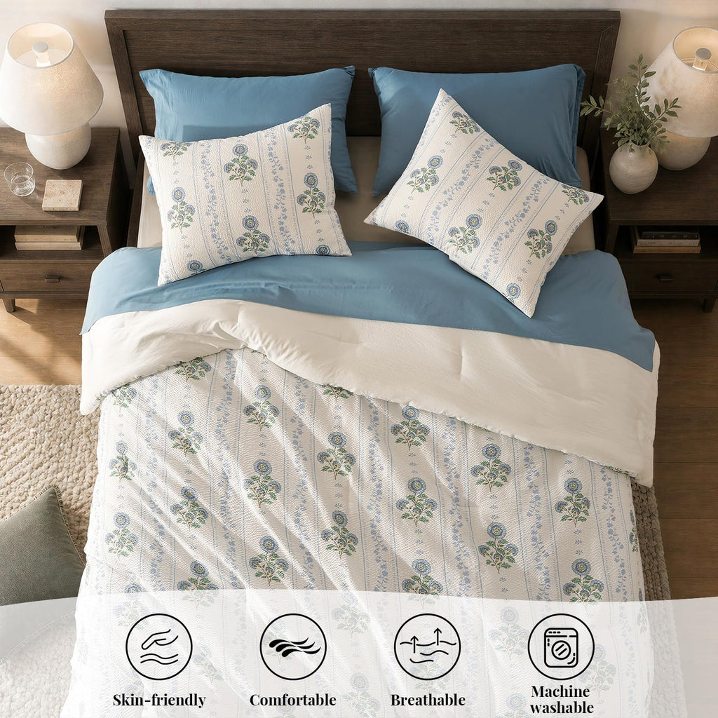 Comforter Set 3 Pieces Bed Set Seersucker Bed in a Bag Dirty Blue