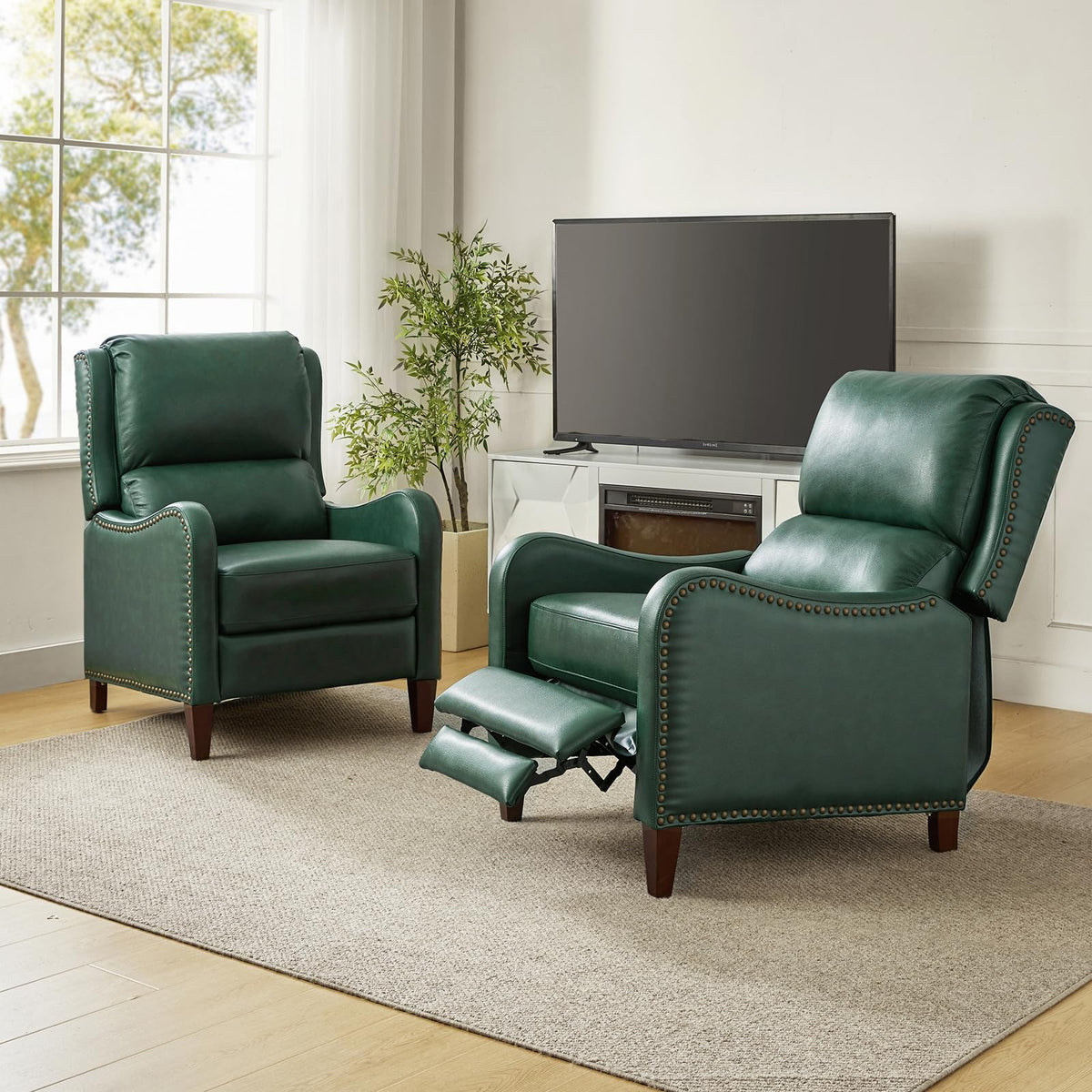 Genuine Leather Recliner Chair Set of 2, Green
