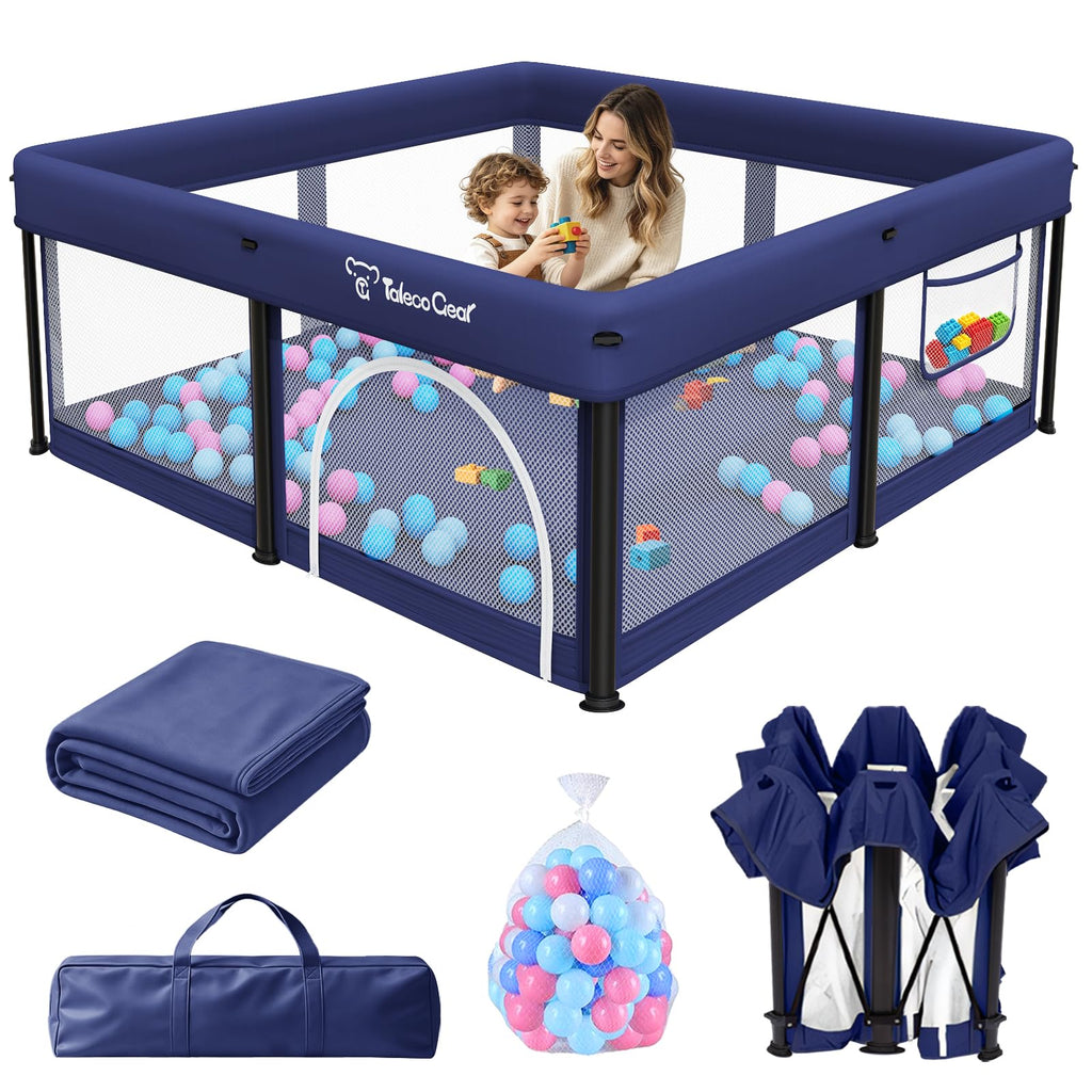 Foldable Baby Playpen with Mat, 50"×50" Collapsible Play Pen for Babies and Toddlers, Indoor & Outdoor Kids Safety